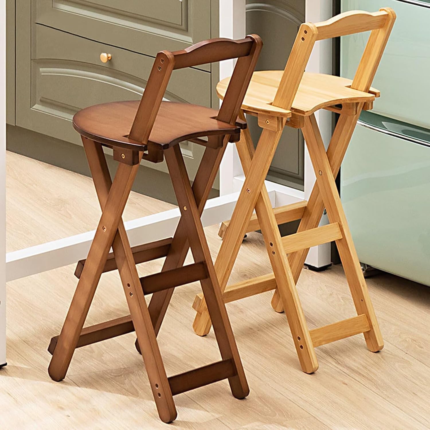 Folding Bamboo Stool with Backrest and Footrest - Portable Kitchen Counter Height Stools - Foldable Bar Chairs with Back Support for Home, Kitchen, Restaurant, Patio, 11.4x14.1x33.4in, Color 01