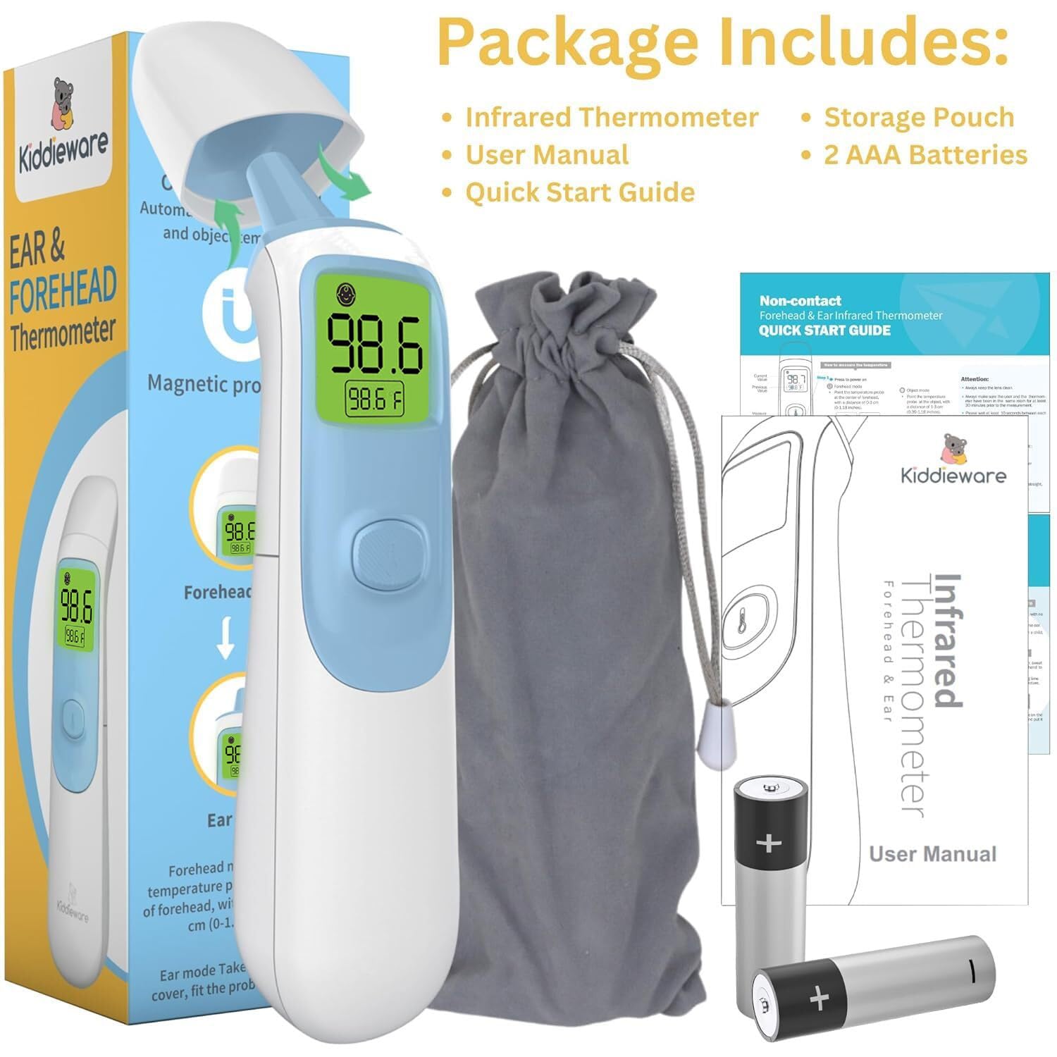 Contents of the Kiddieware thermometer package including thermometer, pouch, manual, and batteries.