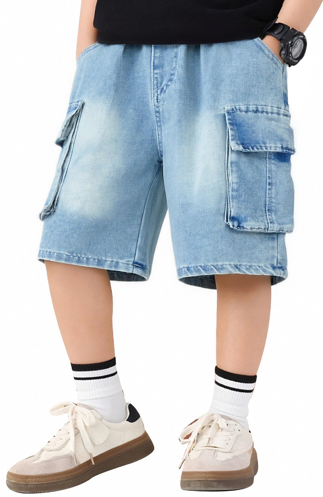 SEAUR Short Baggy Garçon Cargo Enfant Jean Été Taille Élastique Denim Pantalon Court Ado Bermudas Respirant avec Poches 5-15 Ans