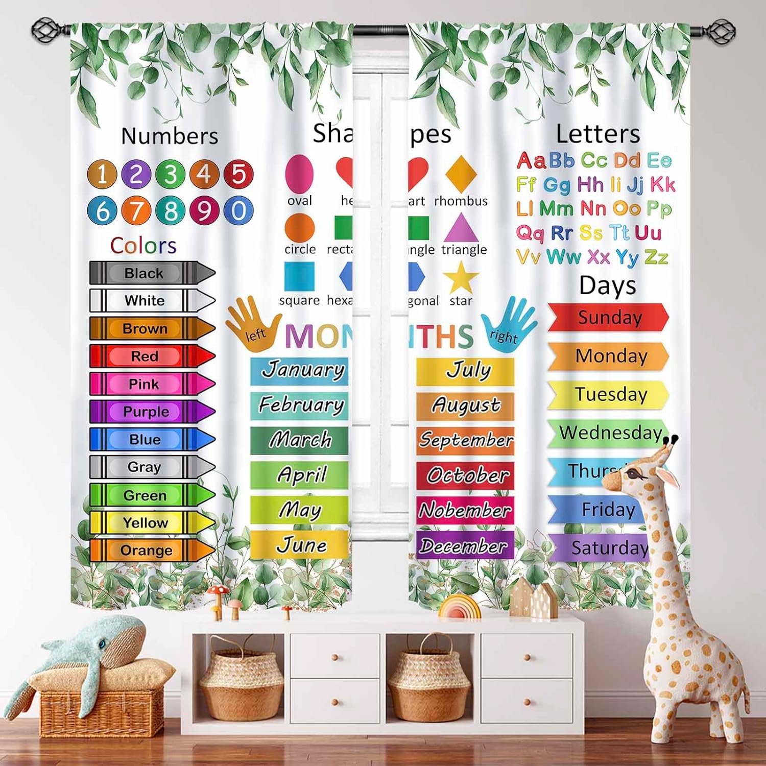 ABC Alphabet Classroom Curtains,Rustic Green Eucalyptus Leaves Plant Funny School Education Learning Tools Toddler Baby Bedroom Living Room Back to School Window Drapes 2 Panels,63X63 Inch