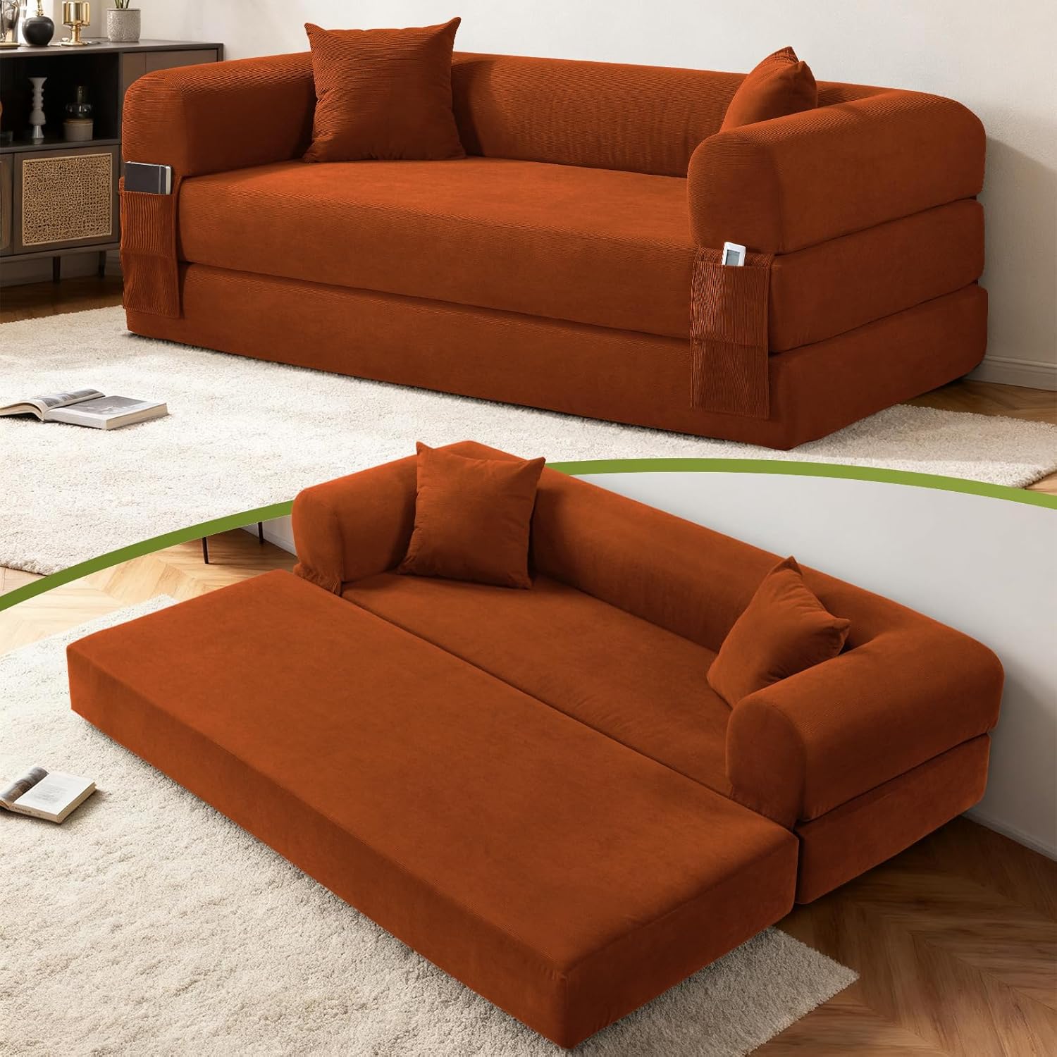 80 Inch Convertible Sofa Bed,Folding Pull Out Couch with Pillows & Storage Pocket,Corduroy Queen Sleeper Sofa in a Box,No Assembly Boneless Couch for Living Room,Orange