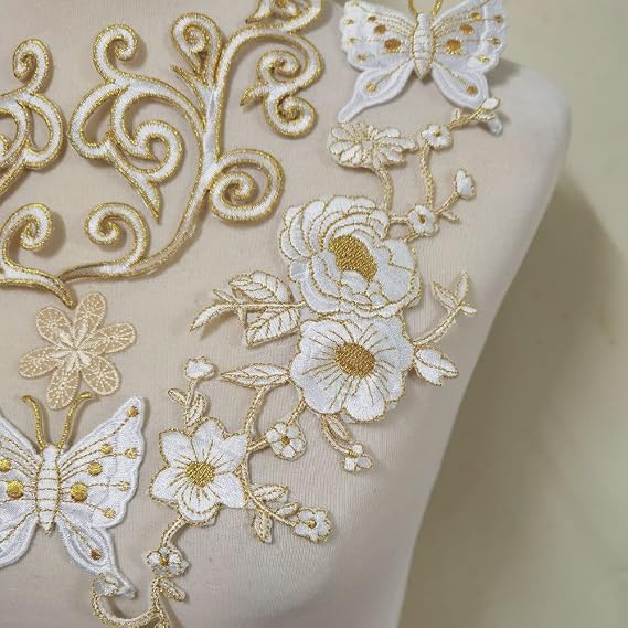 7Pcs Big Flower Iron on Embroidered Appliques Patch Embroidered Lace Fabric Ribbon Trim Neckline Collar (Beige Flower B)