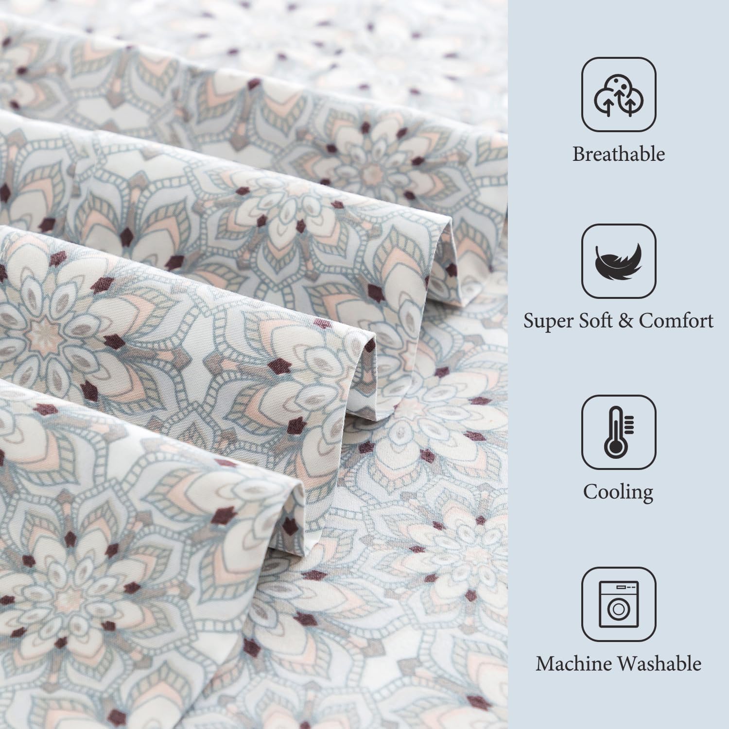 KACEMOO Queen Sheet Set 4PC Printed Bed Sheets Yellow Ivory Floral Sheet Queen Pattern Cooling Soft Microfiber 17”Deep Pocket Sheet Set, Easy Care, Breathable, Wrinkle Free, Machine Washable Bed Set
