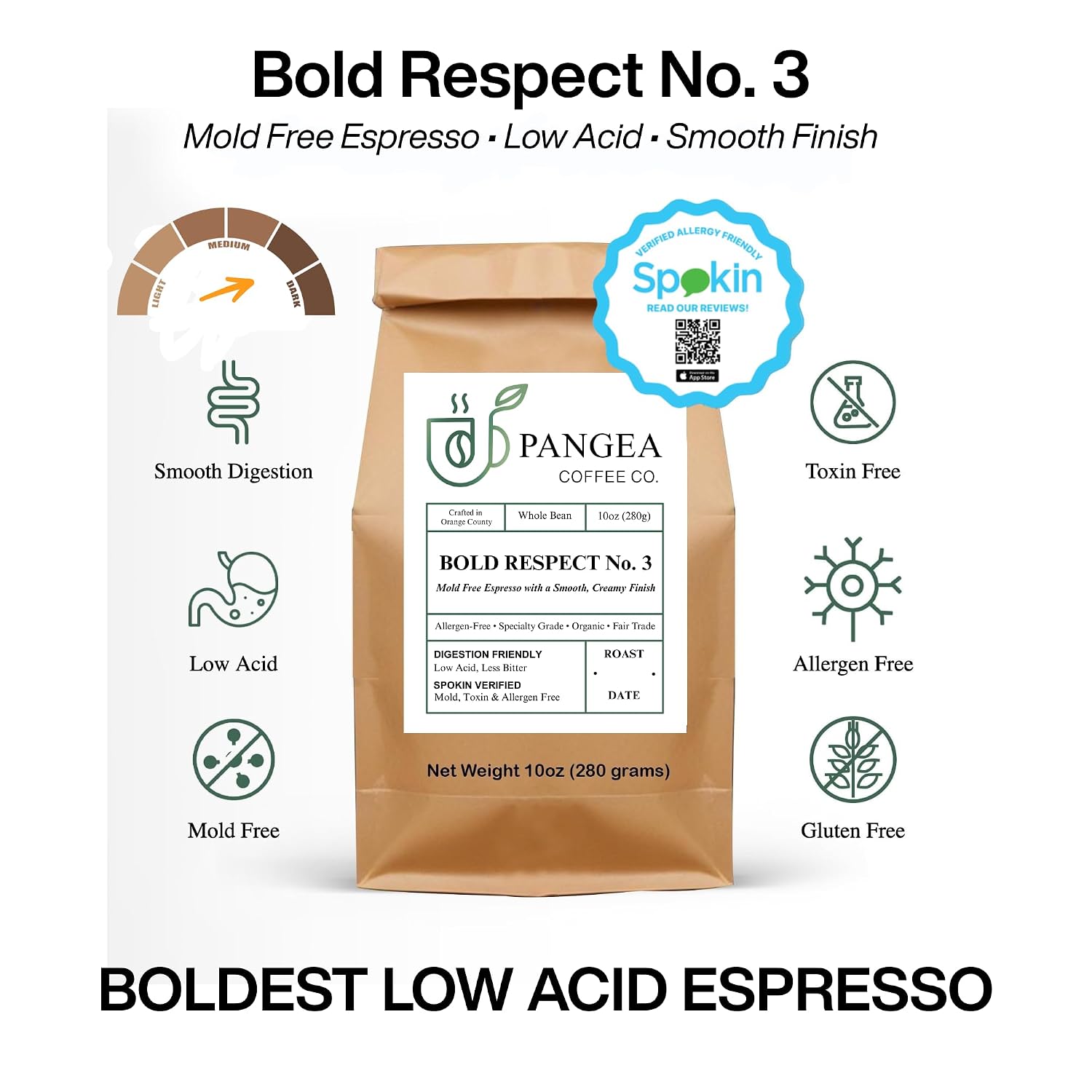 Pangea Coffee – Bold Respect Dark Roast Whole Bean Coffee – 3 Pack (10oz Bags) – Low Acid, Organic, Allergen-Free, Small Batch Roasted