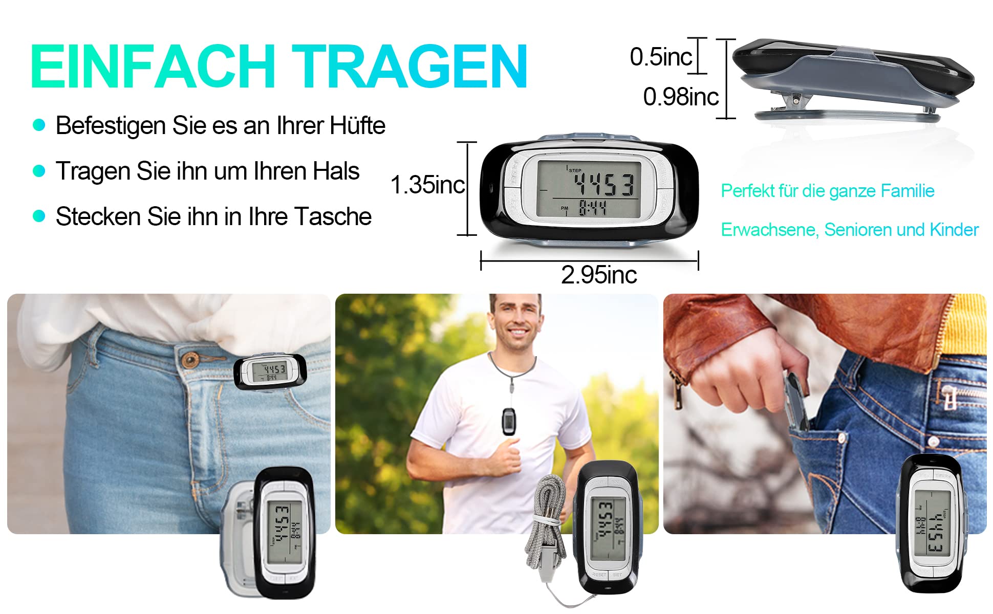LEBEXY Contapassi clip semplice contapassi fitness tracker operazione vincitore del test passo/distanza/calorie/contatore contatore, senza Bluetooth/app/cellulare, contapassi 3D con grande display