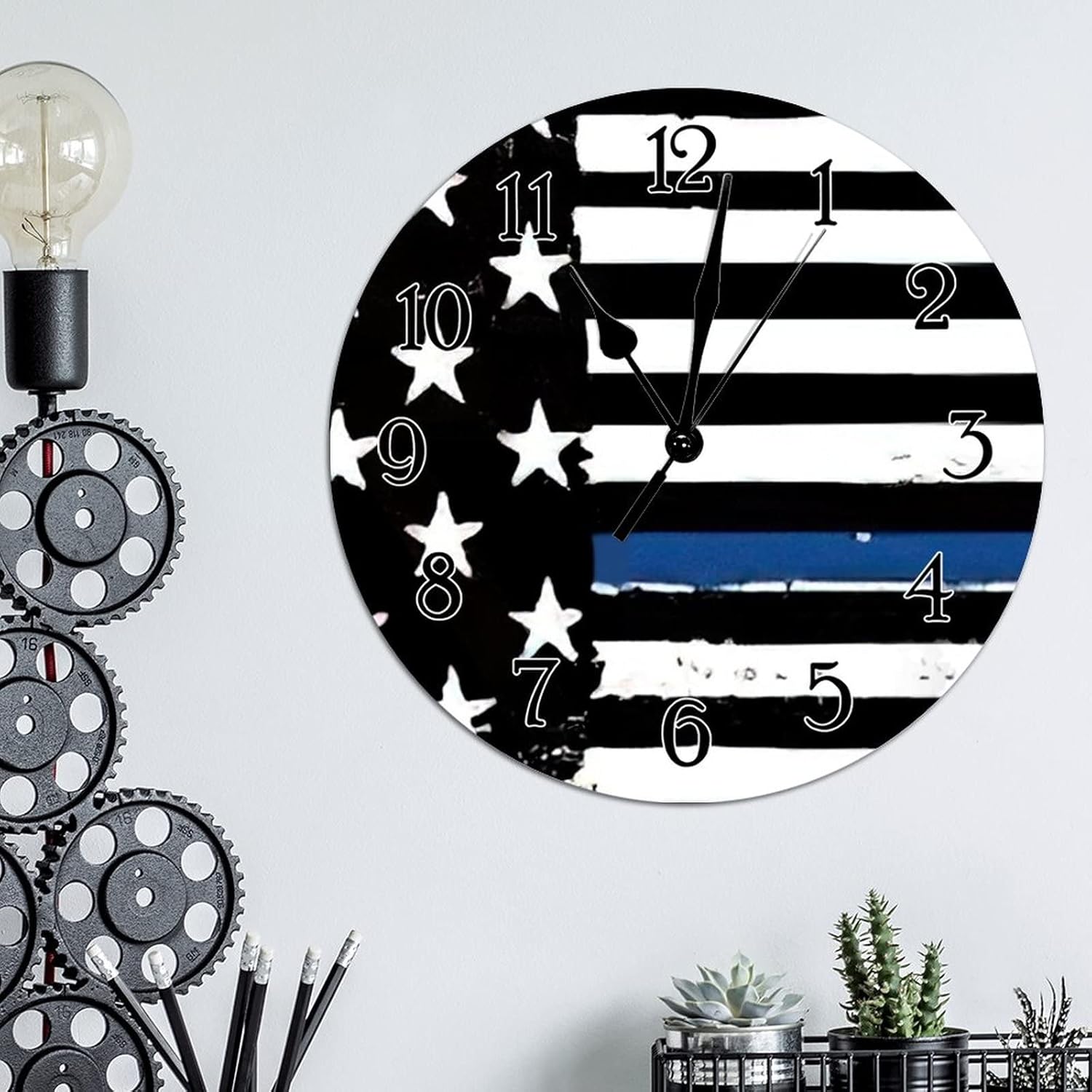 Thin Blue Line Black American Flag Police Hanging Wall Clock Quality Quartz Battery Operated Silent Home Decorative Clocks Thin Blue Line Flag Police Flag Clock Farmhouse 15inch Round Clock