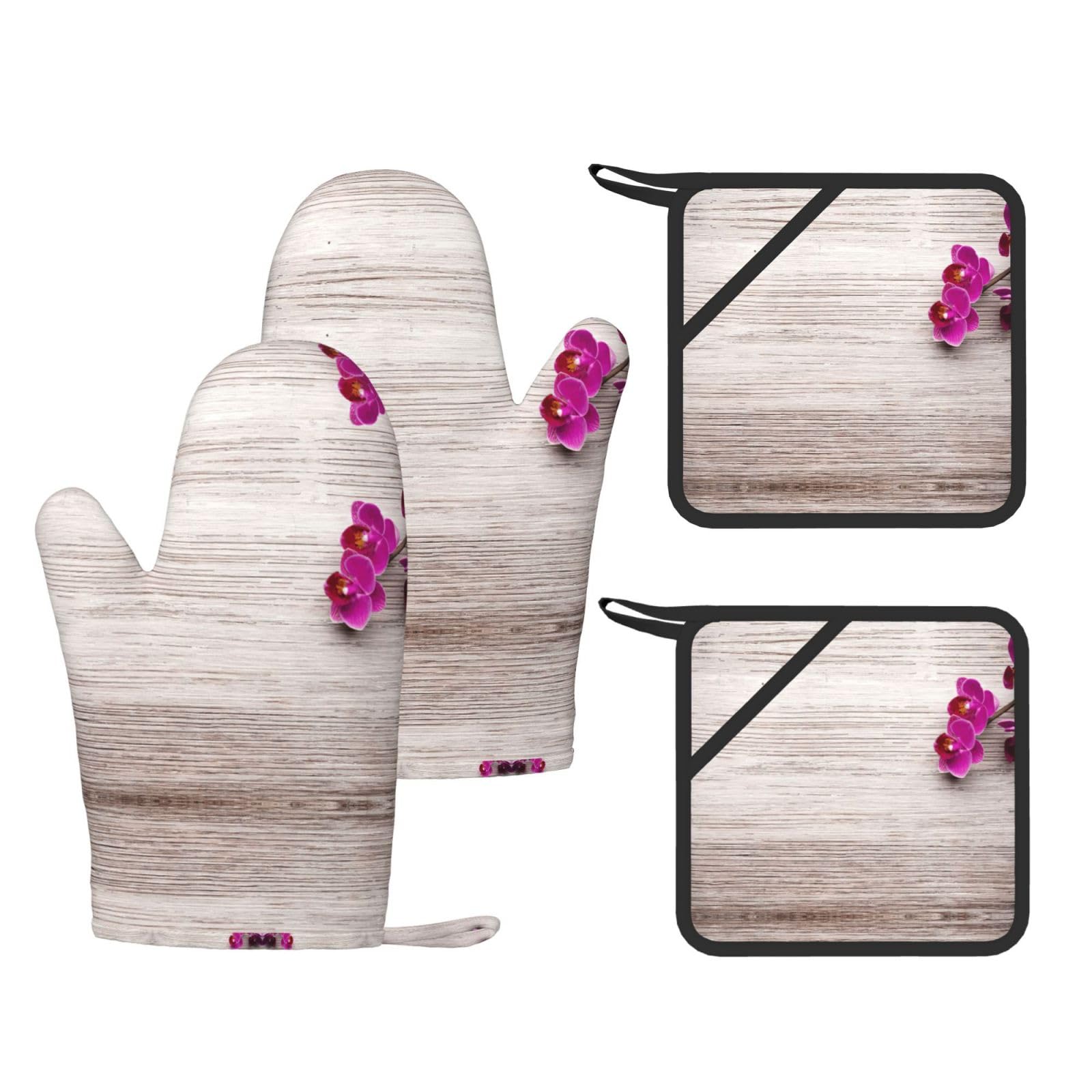Orchid Printed Potholder and Oven Mitt Set of 4, High Heat Resistant Cooking Gloves for BBQ Grilling