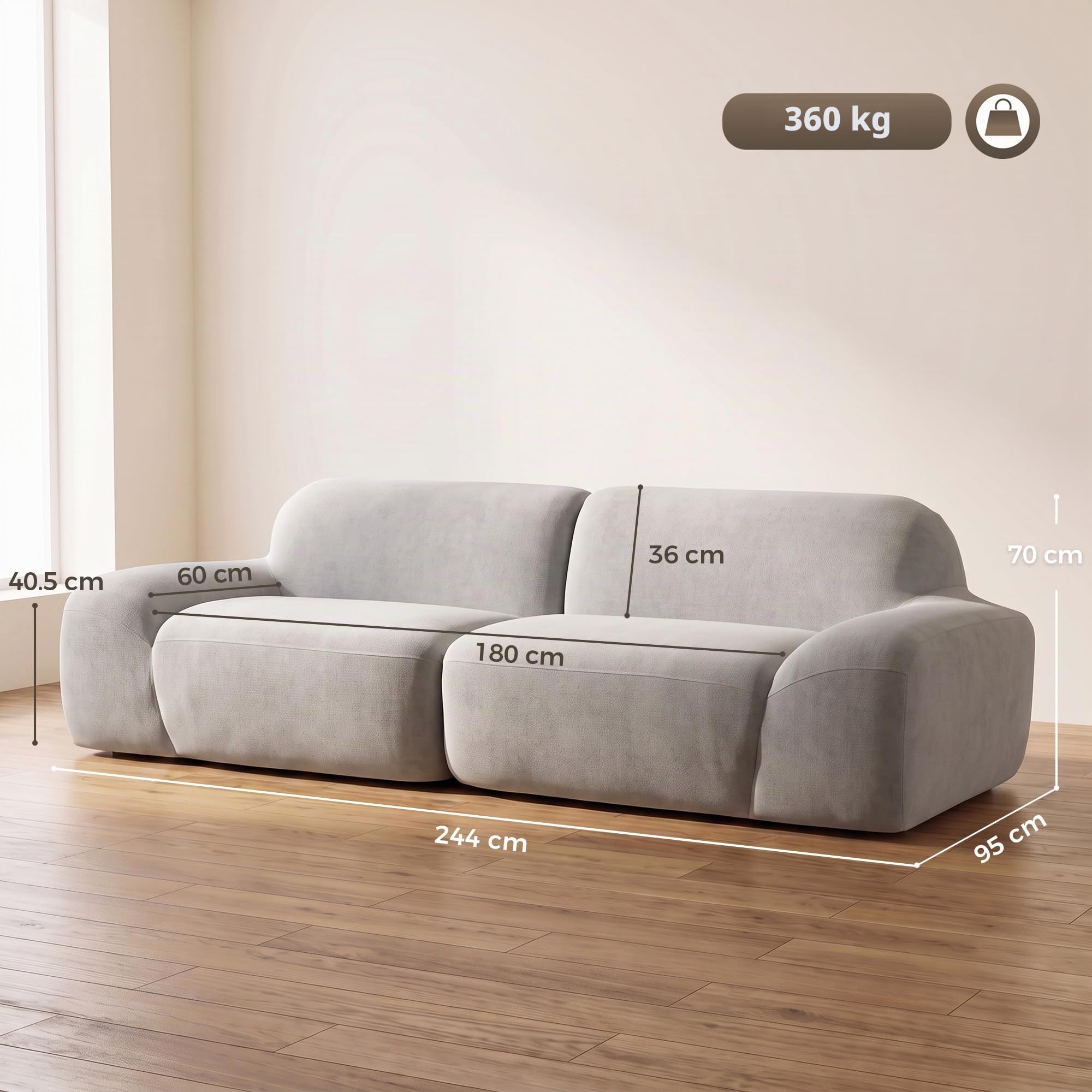 HOMCOM Divano 3 Posti Sofà 244 cm Senza Struttura Moderno Grigio Chiaro