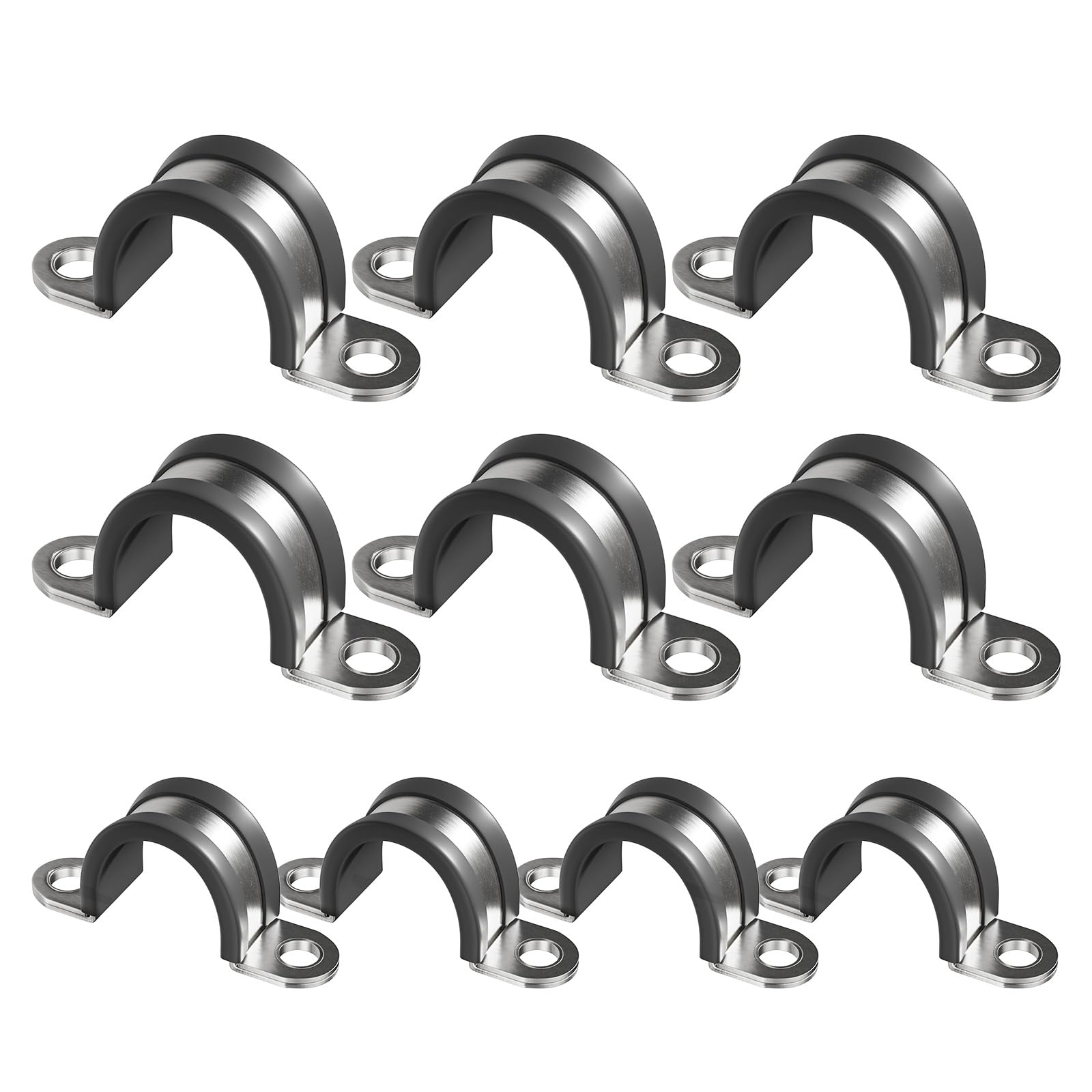 WYSIWYKA 10pcs 42mm 2 Hole U-Tube Strap Clamp, 304 Stainless Steel with EPDM Rubber Lined Clip, Double-Layer Gaskets Rubber Cushioned Insulated Clamp