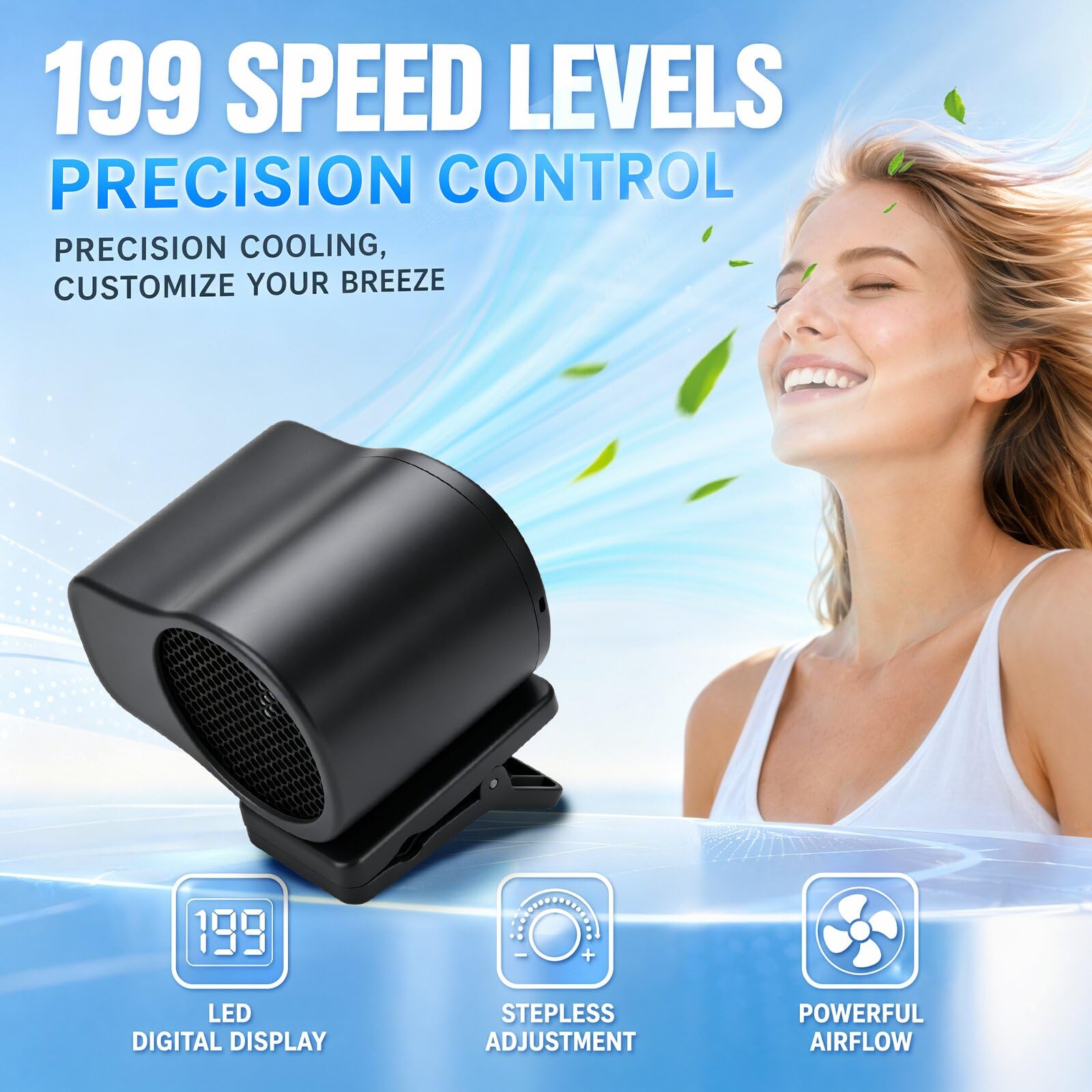 xinrongda Condizionatore d'aria portatile con clip per auto, con display a LED, rotazione a 360°, 199 velocità regolabili, ricaricabile tramite USB, ventilatore per auto, casa, ufficio e scrivania