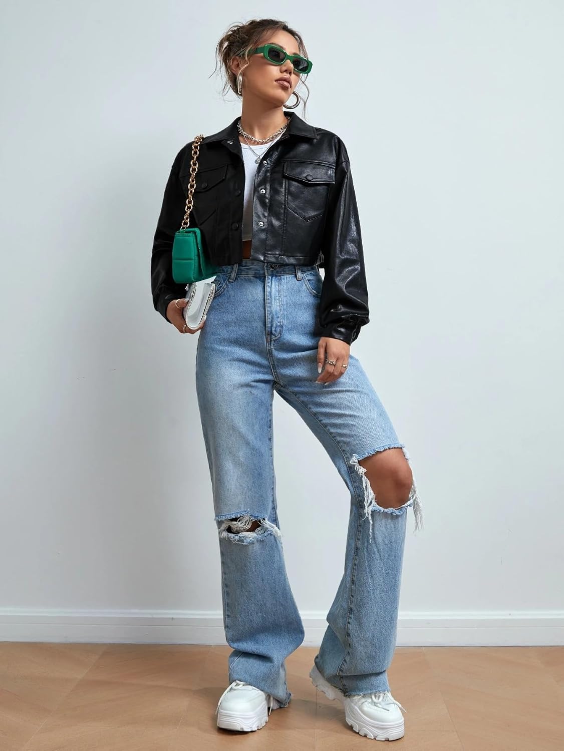Women's Trench Coat Casual Single Breasted Drop Shoulder Pocket Crop PU Jacket Long Sleeve Classic Overcoat