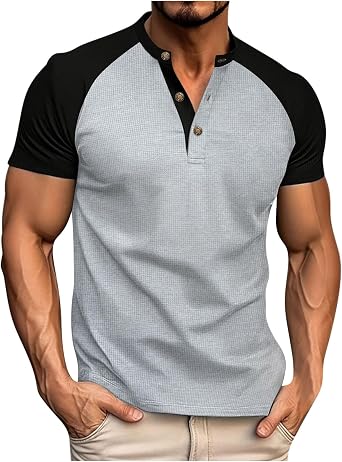 Mens Henley Shirts Slim Fit Casual Raglan Button Up Summer Tops
