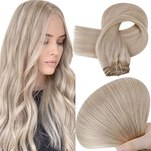 Easyouth Clip in Hair Extensions Ash Blonde Highlighted Bleach Blonde Clip in Human Hair Extensions Straight Remy Hair Clip in Extensions 7 Pieces 100g 18 Inch