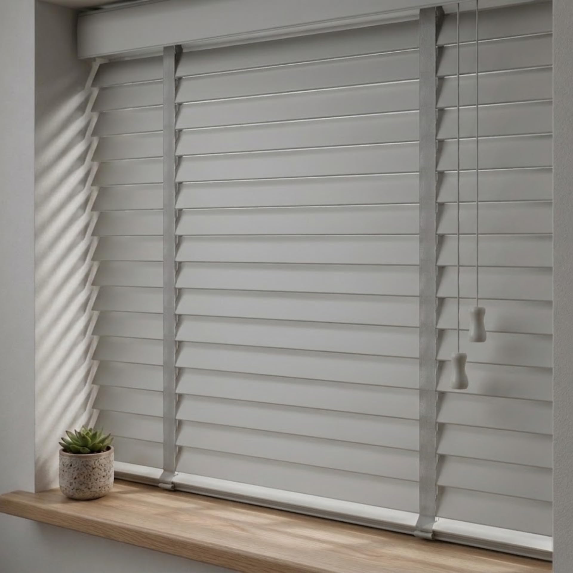 Rehan & Co Custom Made to Measure Faux Wood Blinds Wooden Grain window Venetian Blind 50mm Horizontal Smooth Slats Child Safe Window Blind (Grey Tape, 240Wcm x 150Hcm)