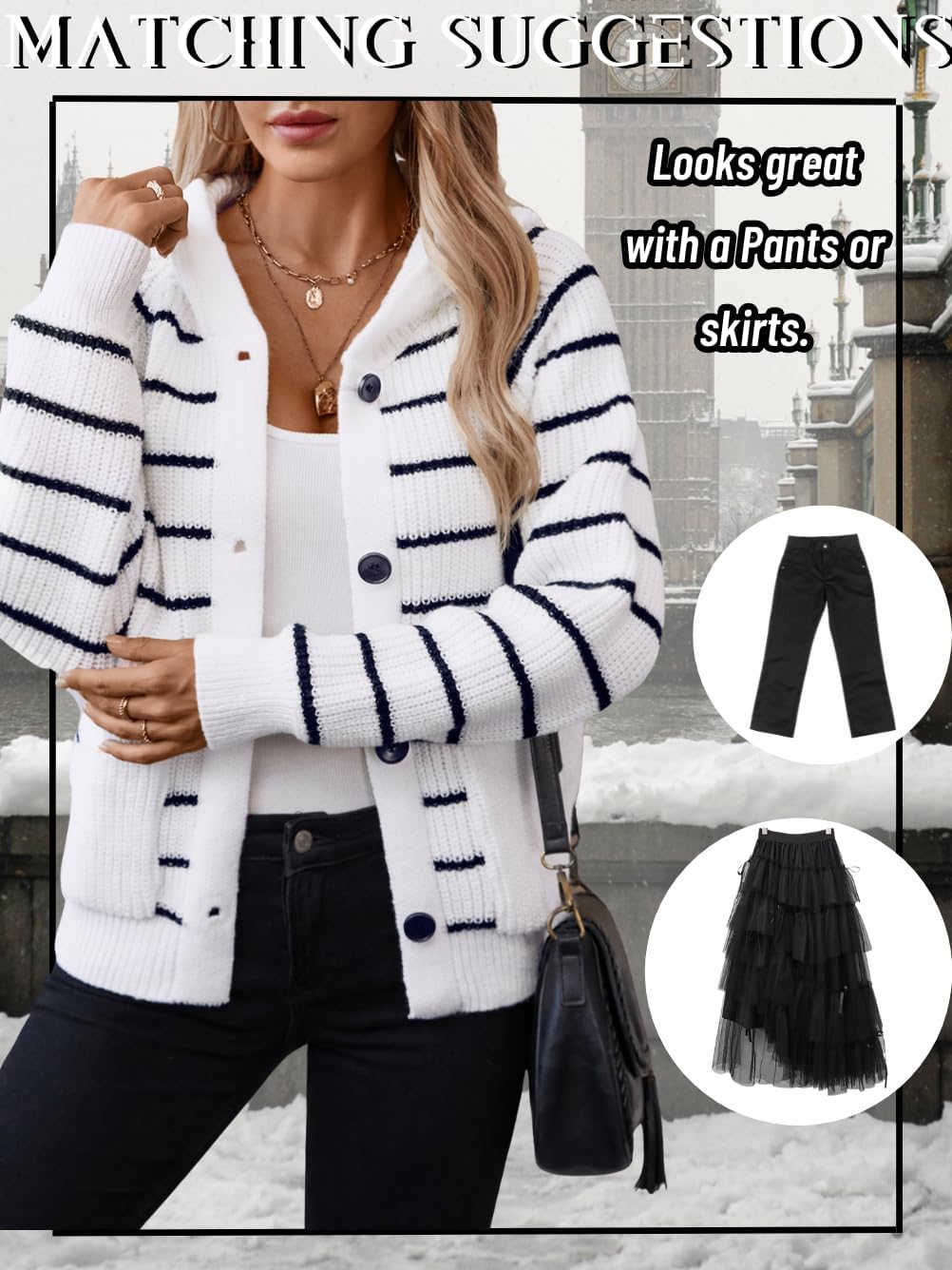 Women's Striped Hooded Cardigan, Chunky Ribbed Knit Button Up Preppy Sweater with Pockets - Image 6