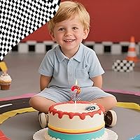 Vista 6 de Vela de cumpleaños con temática de autos de carreras, vela con número de auto de carreras, rueda a cuadros rojos, negros y blancos, decoración