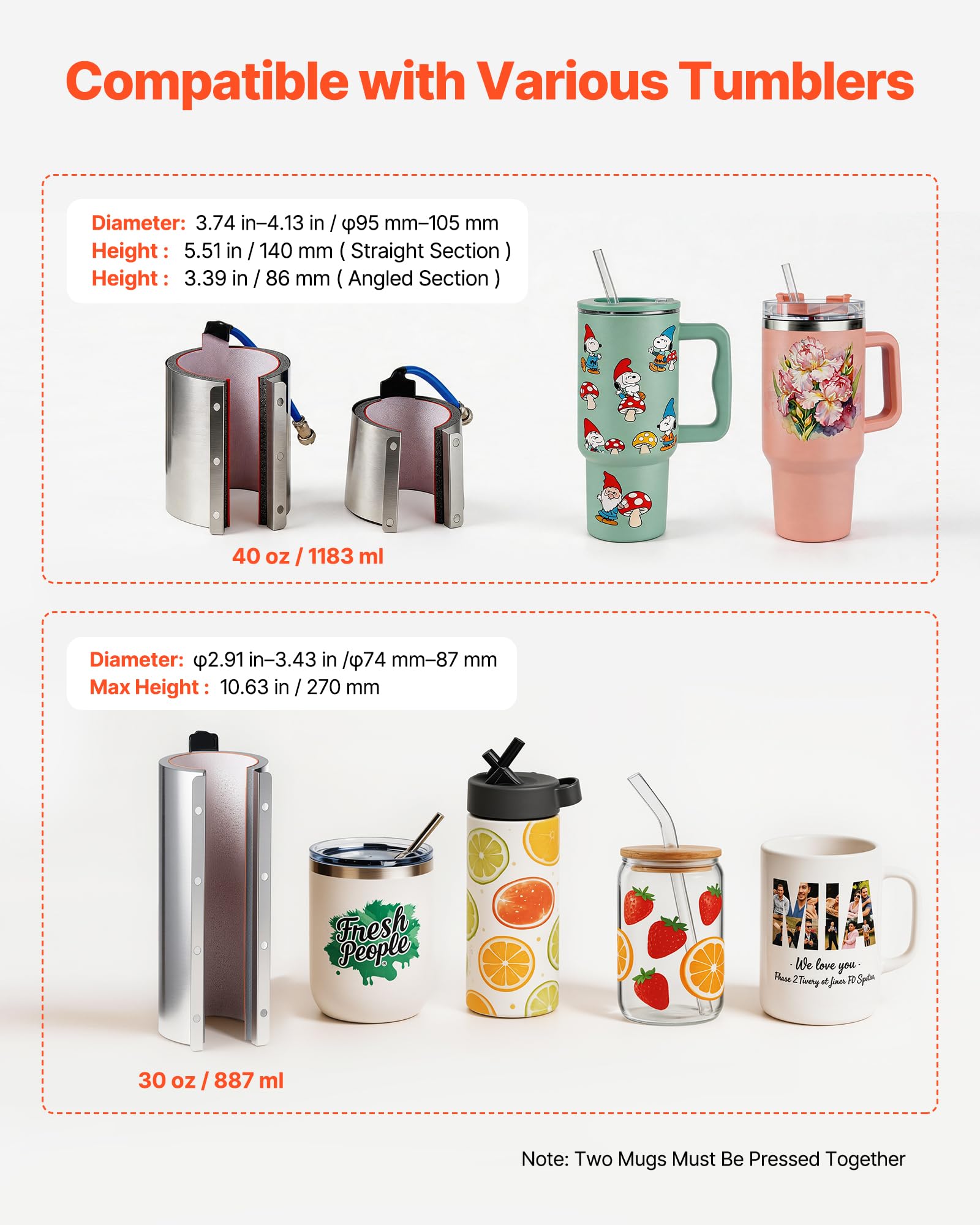 VEVOR Prensa de Calor para Tazas Prensa Térmica para Vasos Máx. de 1183 mL, Control de Temperatura Temporizador Cinta Guantes, Máquina de Sublimación para Vasos de Acero Inoxidable Vidrio Cerámica