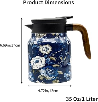 35 OZ Camellia Vintage Floral Tea Pot with Infuser, Large Capacity Insulated Stainless Steel Tea Kettle, 12 Hour Hot/Cold Retention, Tea-Water Separation Loose Leaf Tea Steeper for Hot Drinks
