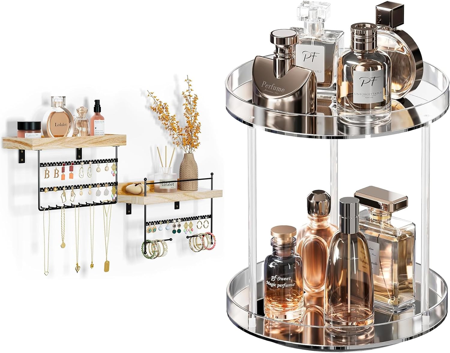 Lolalet Hanging Jewelry Organizer Wall Mount with Earrings Bundle with 360 Degree Rotating Acrylic Perfume Organizer Stand