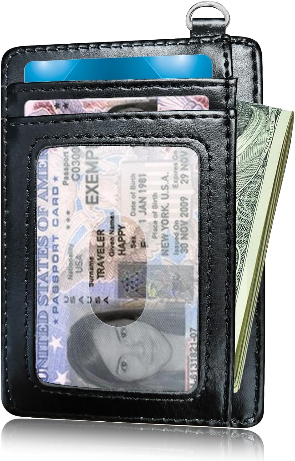 Credit Card Holder Slim Wallet with Wristlet Lanyard,Leather Front Pocket Purse RFID Blocking Wallet Card Case with ID Window for Women & Men-Pink Glitter - Image 2