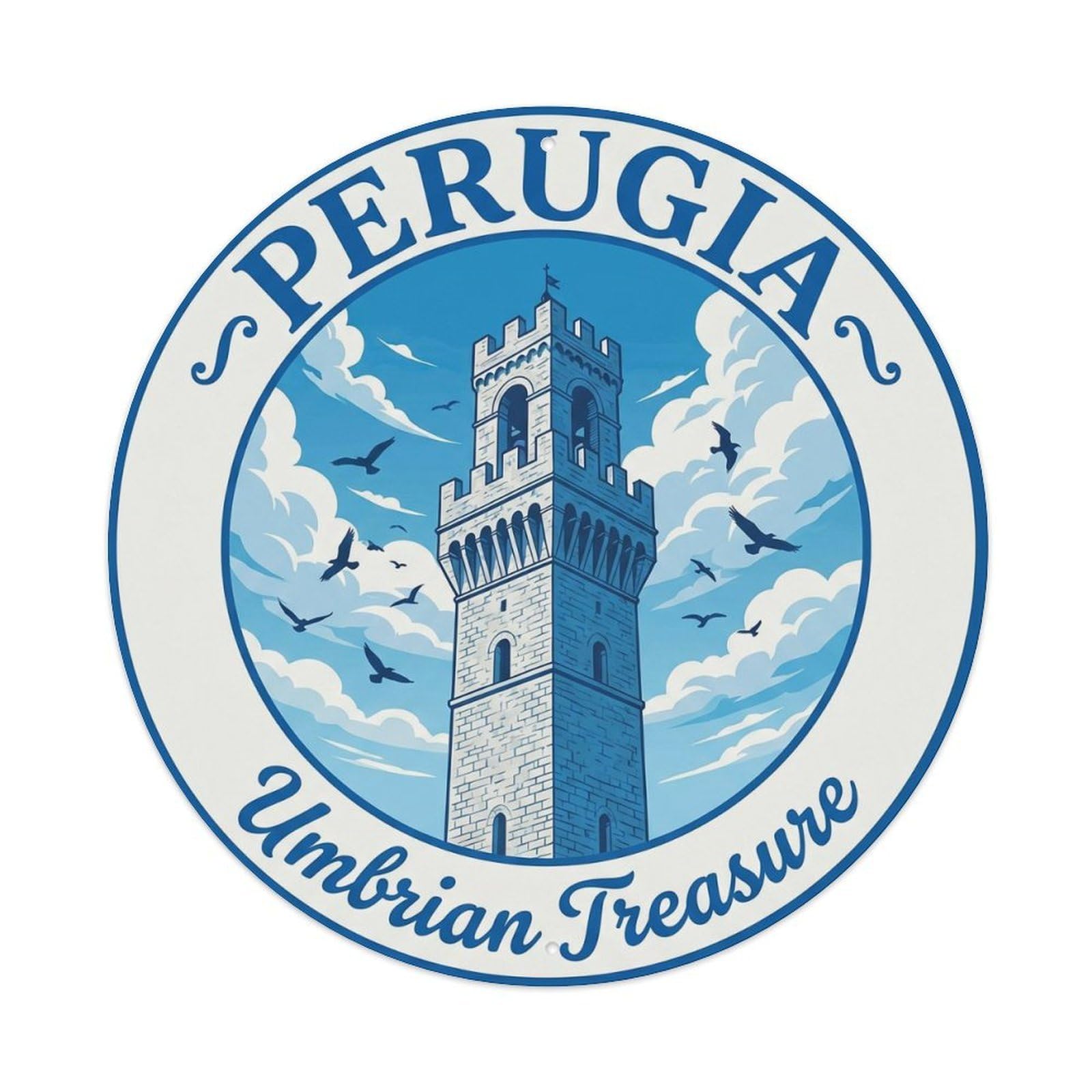 Perugia Tower Heritage Nostalgic Destination Scenic Landmark Metal Tin Sign Plaque Wall Decor for Cafe, Man Cave, Club Bar, Office, Home Garden Round Metal Poster 8x8Inch