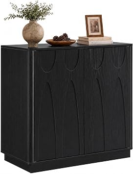 LKTART 31.5" Sideboard Buffet Cabinet with Storage, Mid Century Modern Accent Credenza Storage Cabinet with 2 3D Swallowtail-Inspired Arched Doors Adjustable Shelf for Living Room,Black