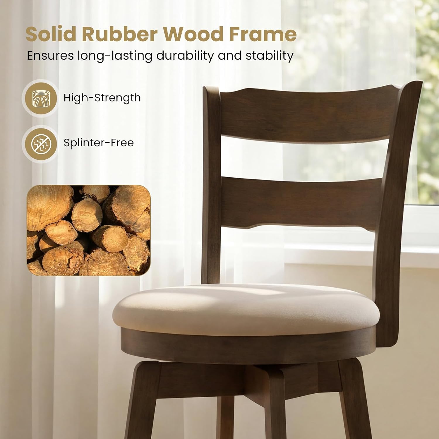 Giantex Swivel Bar Stools Set of 4, 30.5" Bar Height Stools with Fabric Upholstered Seat, High Back, Footrest, Rubber Wood Barstools for Kitchen Island, Dining Room, Pub