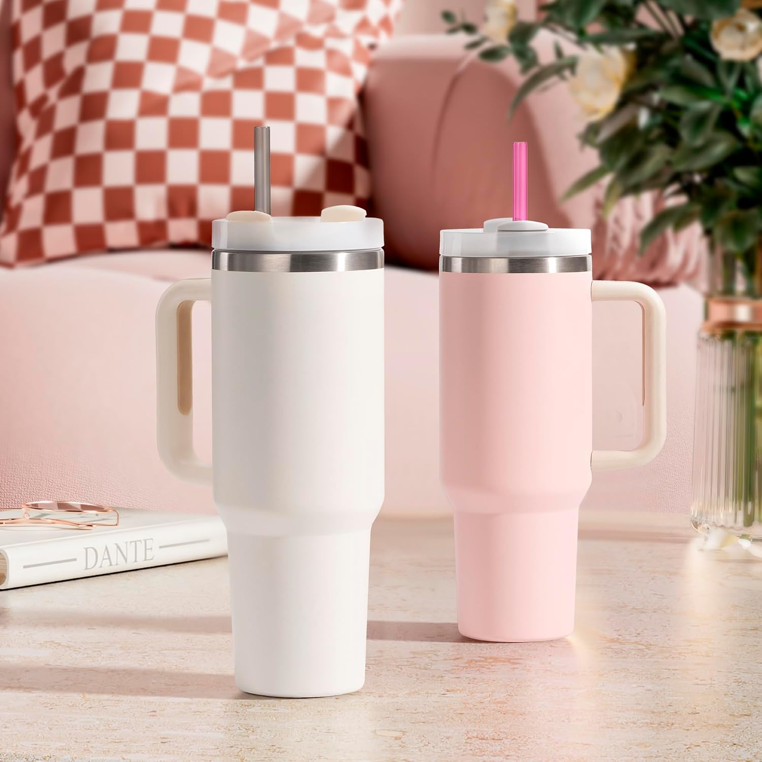 Snowfall Colorful Tritan Straws for Stanley 40 oz Tumbler, 6 Pack Reusable BPA-Free Straws with Cleaning Brush, Compatible with Stanley, Simple Modern, and Owala 40 oz Tumblers (Tea Color, 40 OZ)
