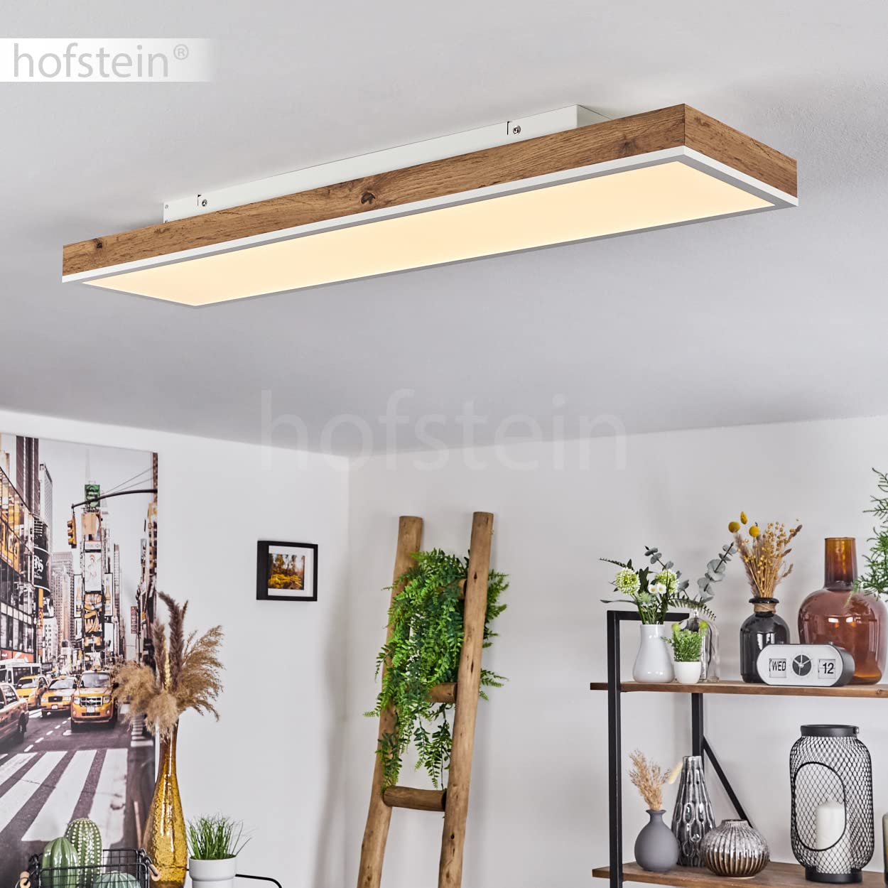 Plafoniera LED Salmi, plafoniera in metallo/MDF/plastica in bianco/look legno/marrone, pannello LED dimmerabile/cambiabile con telecomando, 60-1500 lumen, 2700-6500 K, 1 x LED 24 Watt