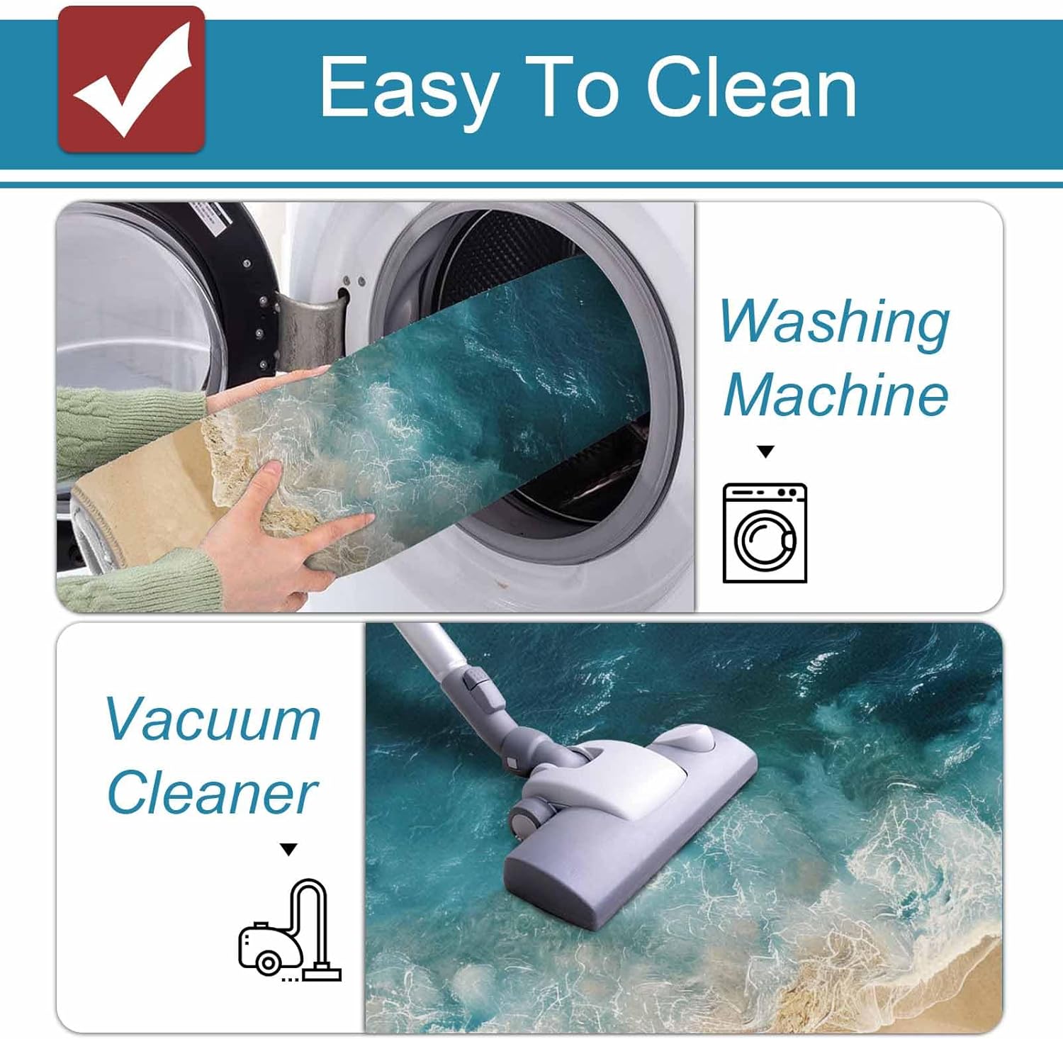 Prime Leader Blue Ocean Kitchen Mat Set 2 Pieces Beach Wave Pattern Non Slip Kitchen Rugs Washable Runner Rug Mats for Sink Laundry (15.7" x 23.6"+15.7" x 47.2")
