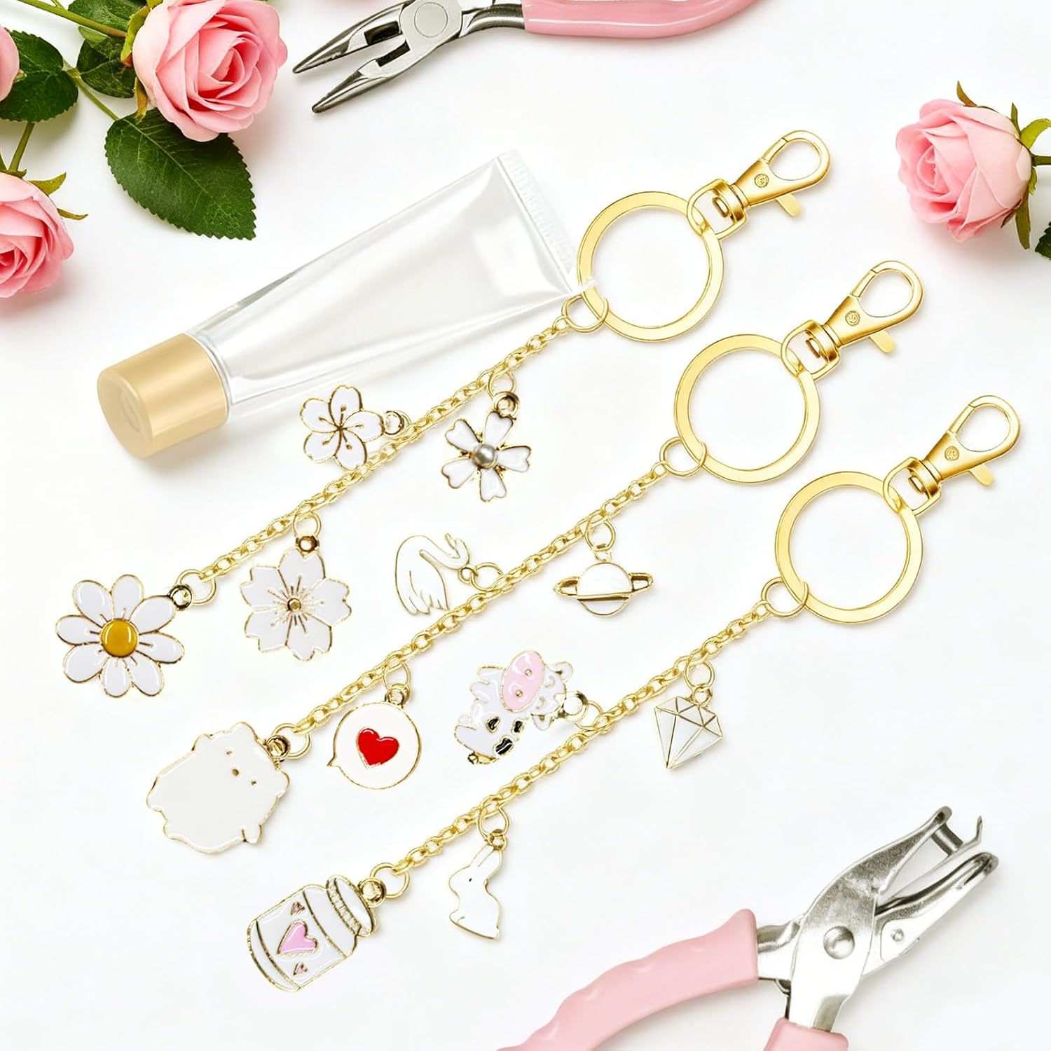 X-Kingsun 303 Pcs Lip Gloss Keychain Making Kit 100 White Lips Charms Jewelry Plier Keychains Clips Gold Extender Chains for Women DIY Crafting Making