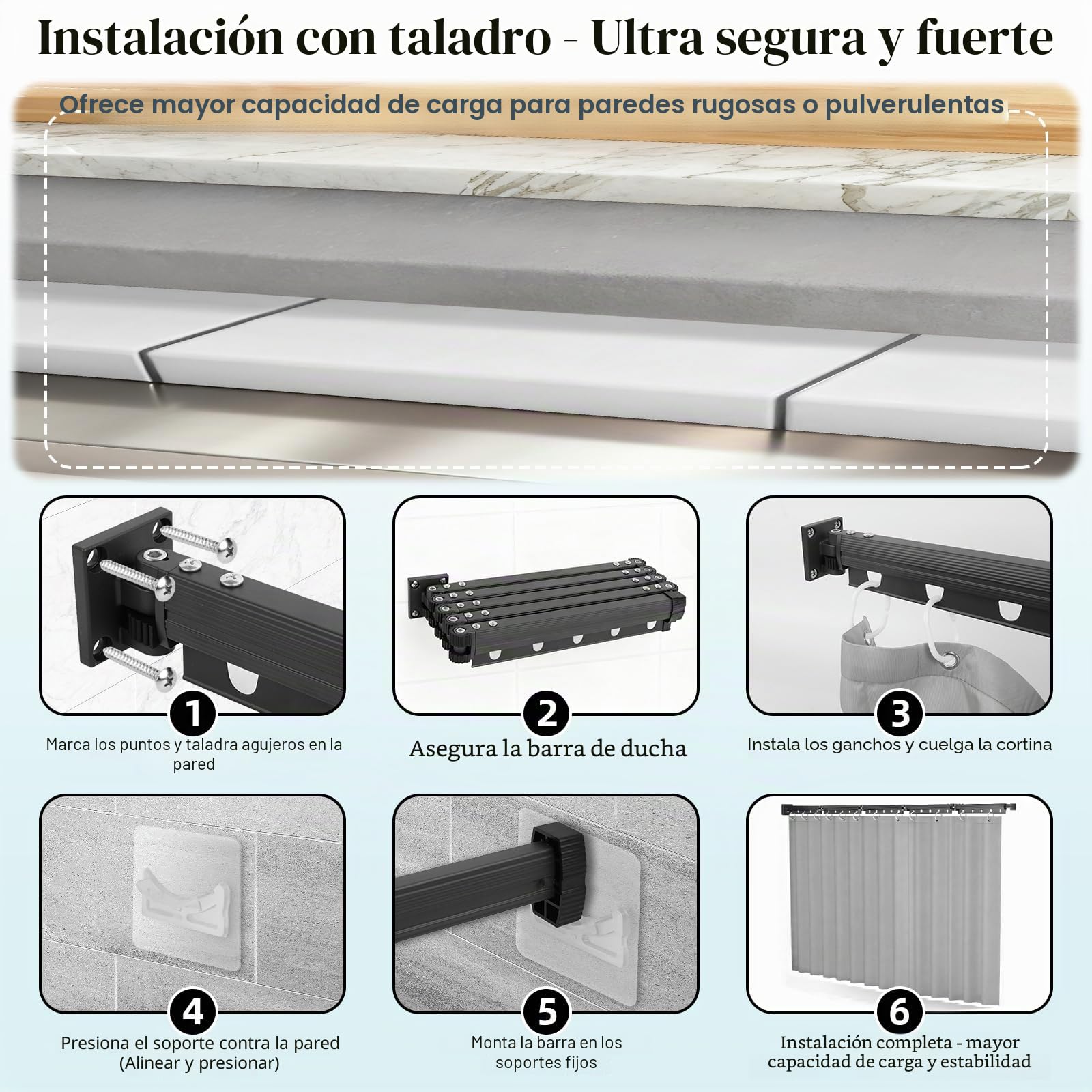 Barra Cortina Ducha Plegable de Pared, Barra Ducha Esquina, 1,8 m × 2 m Cortina Impermeable y Antimoho, Sin Taladrar, Plegable Forma en U/L/Recta, para Baños Pequeños, Vestuarios, Autocaravanas