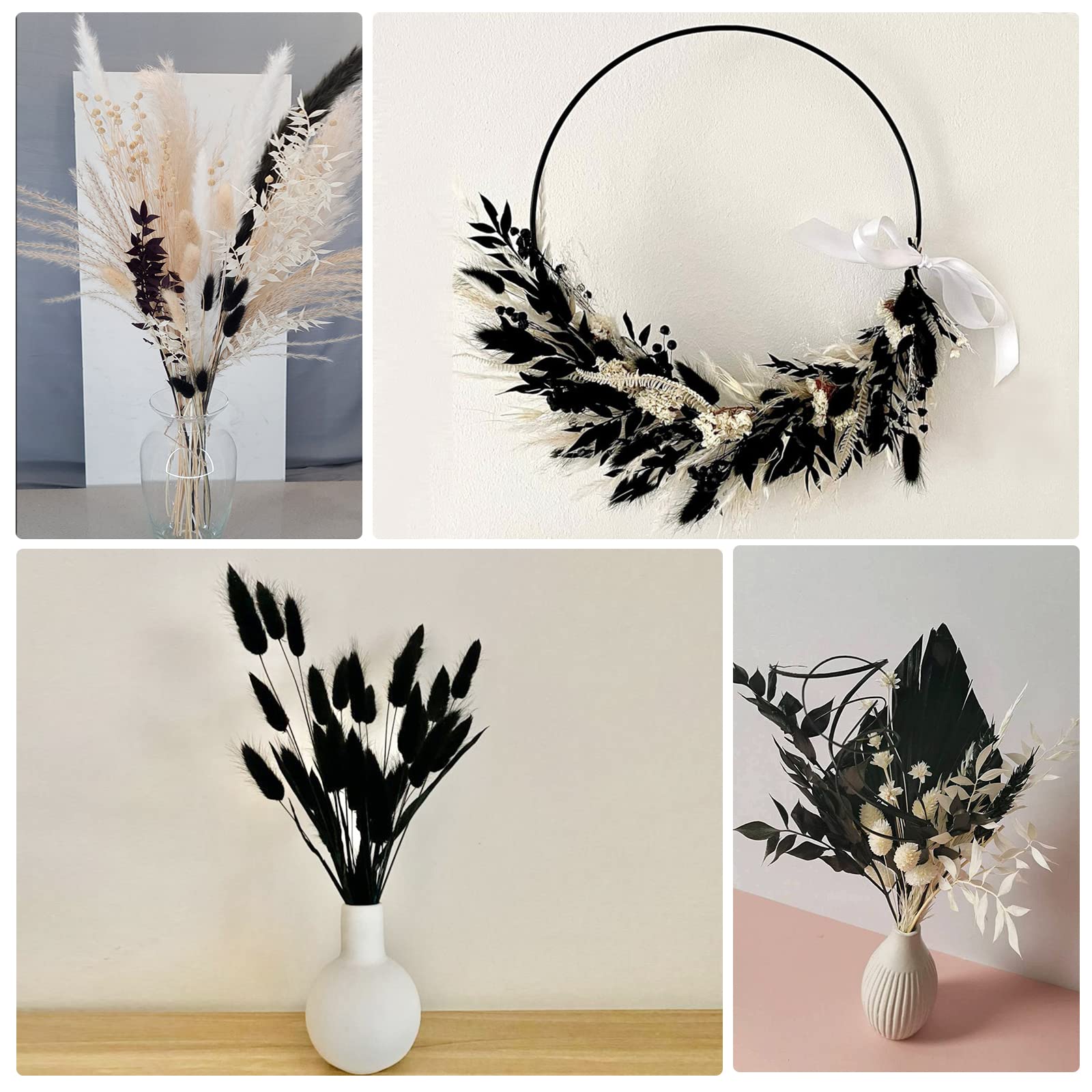 CAMDUCK Herbe de Pampa séchée Ensemble de Fleurs Séchées Noires, Arrangement de Bouquet de Plantes Séchées, Fleurs Séchées Blanches Fleurs Séchées pour Décor Boho Salon et Vases
