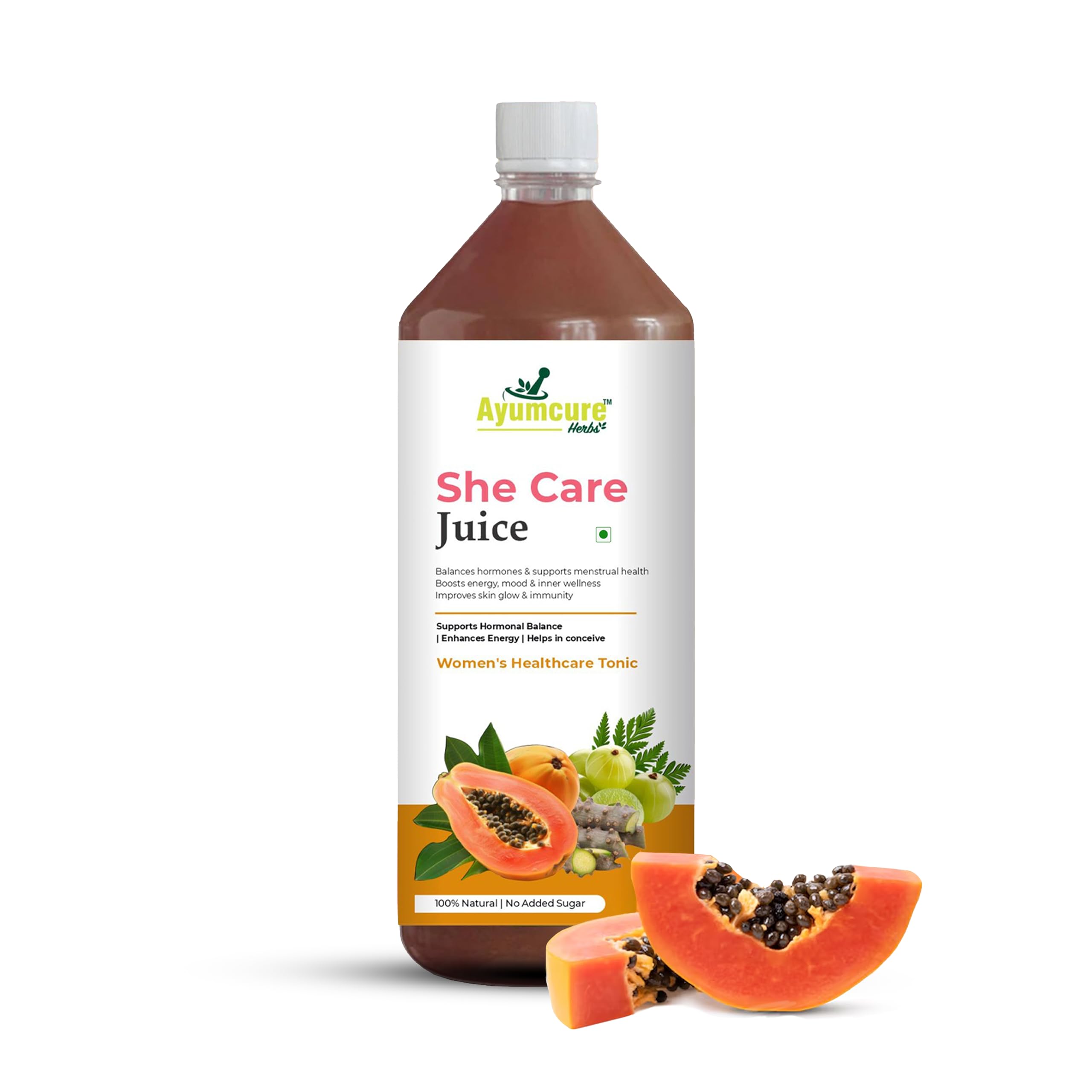 Ayumcure She Care Juice for Women | Supports Hormonal Balance, PCOS/PCOD Relief & Regular Cycles | With Ashok Chaal, Papaya, Daru Haldi, Bel Ka Fal, Amla, Giloy & Herbs | No Added Sugar | 1L