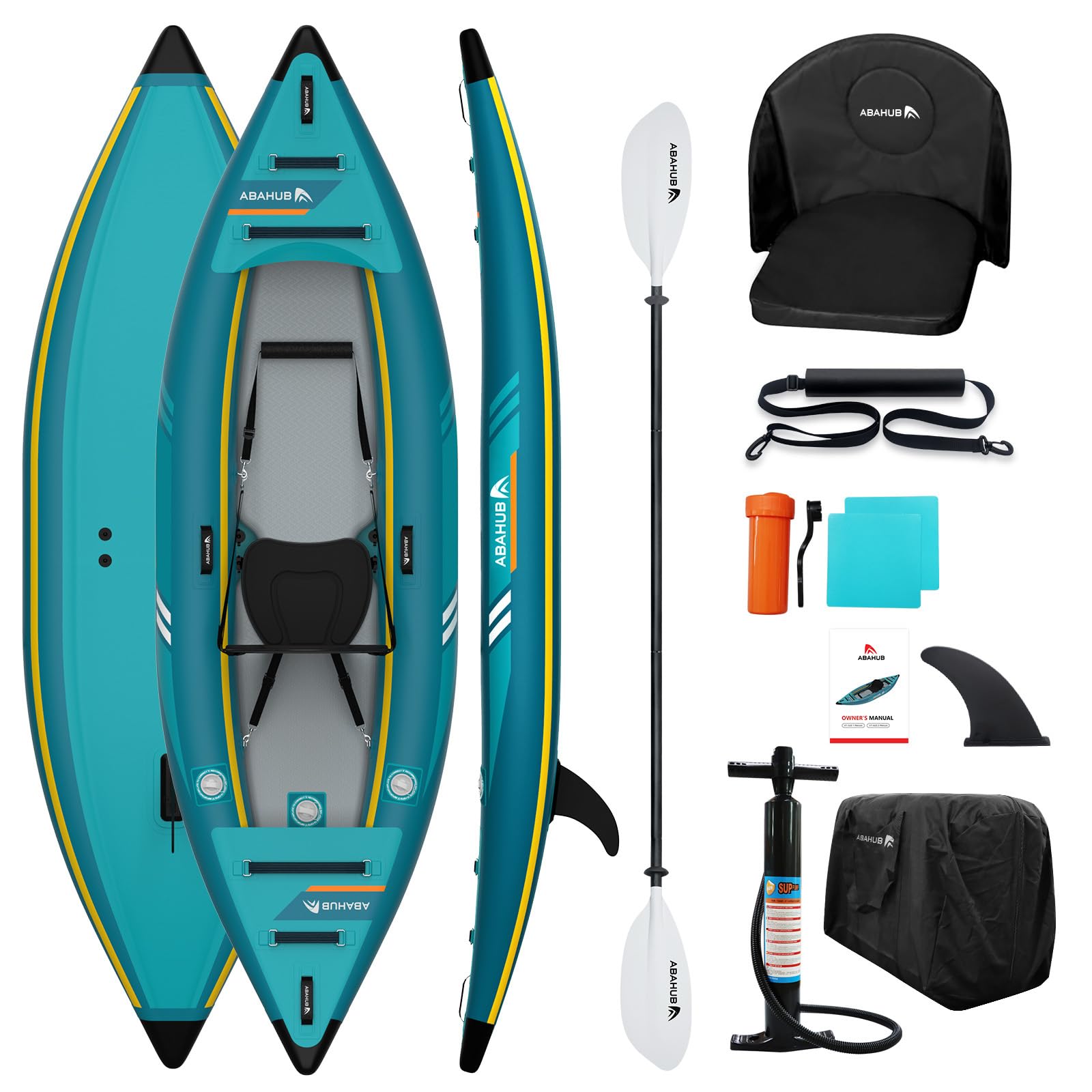 Abahub Kayak Hinchable 320/420cm con Remo, Asiento, Bomba y Bolsa 1/2 Plaza 320x89x23cm