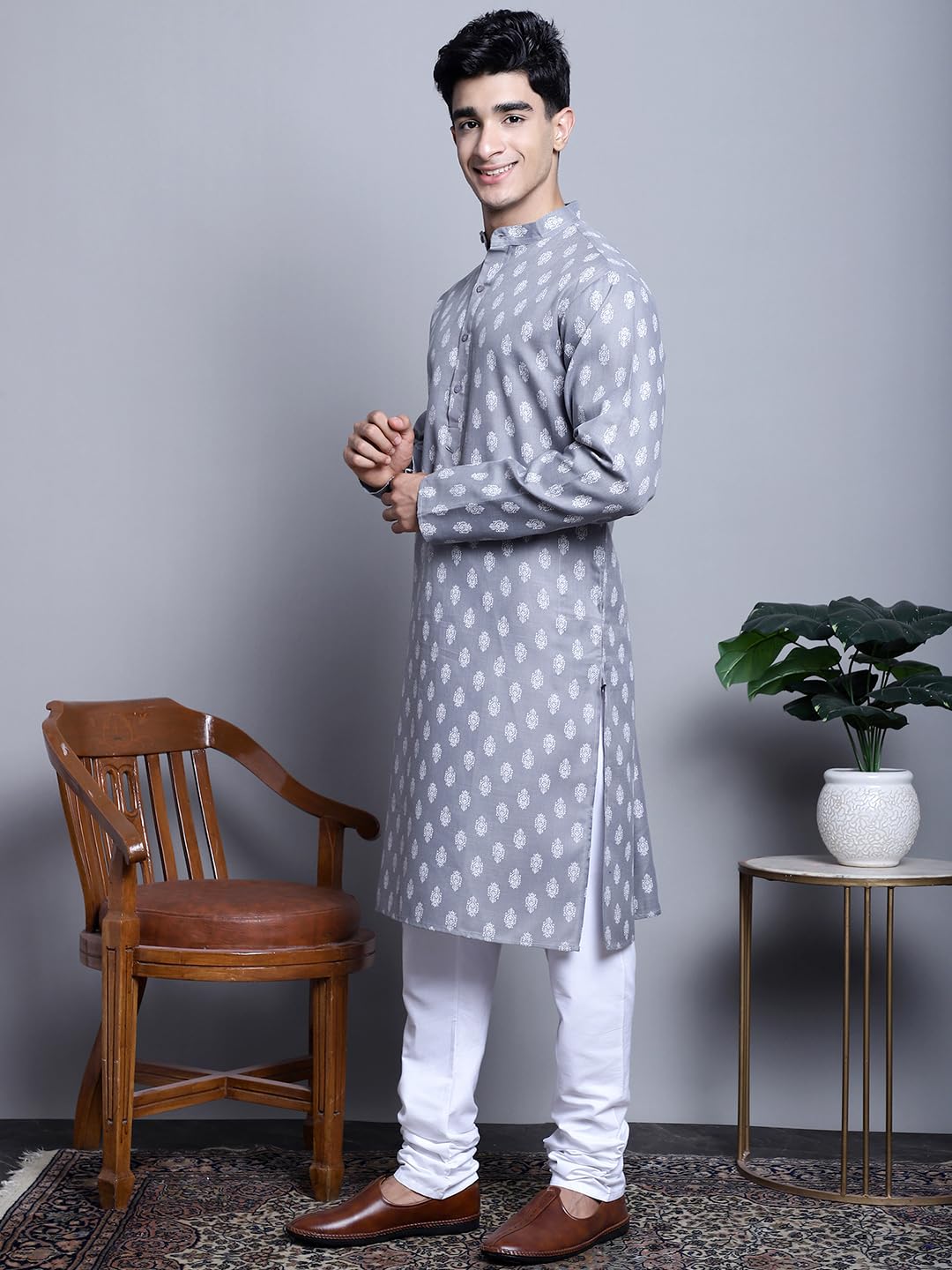 Jompers Men's Cotton Floral Printed Kurta Pyjama Set (Dark-Grey, Xxl)