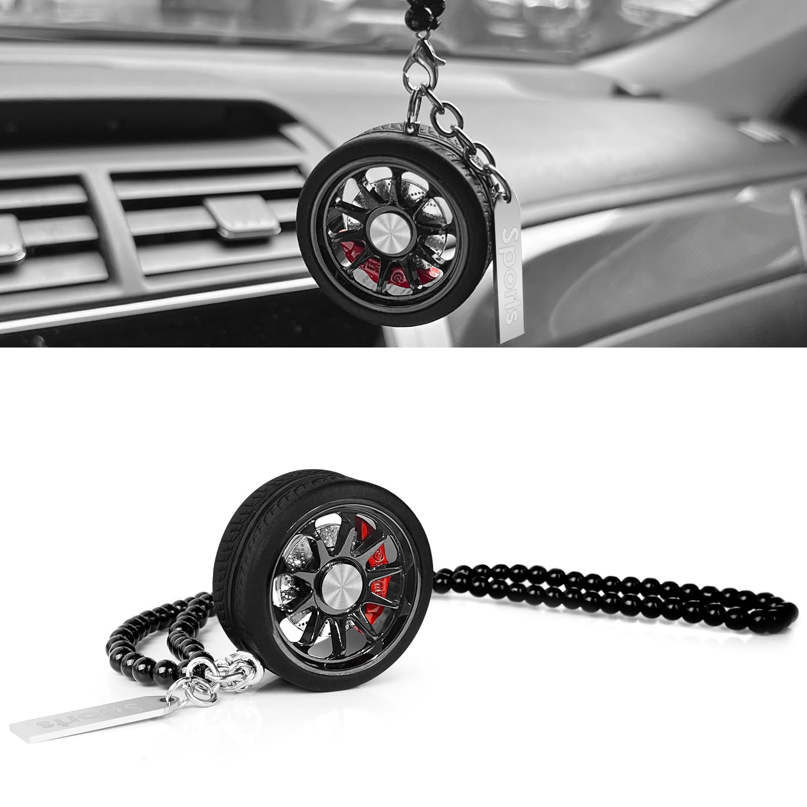 TSTESE Car Wheel Hub Shape Ornament Rearview Mirror Hanging Rear View Swinging Decorations Pendant Unique Decor Turck Decoration Interior Ornaments Zinc Alloy Charms Accessories (Gunmetal)
