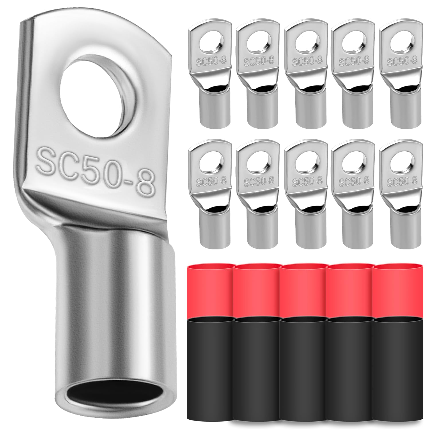 10x Cable Lugs 50mm² M8 Thickened Copper Uninsulated SC Crimp Lugs Battery Cable Ends Lugs Battery Terminals with 10 Heat-shrink Tubing 3: 1