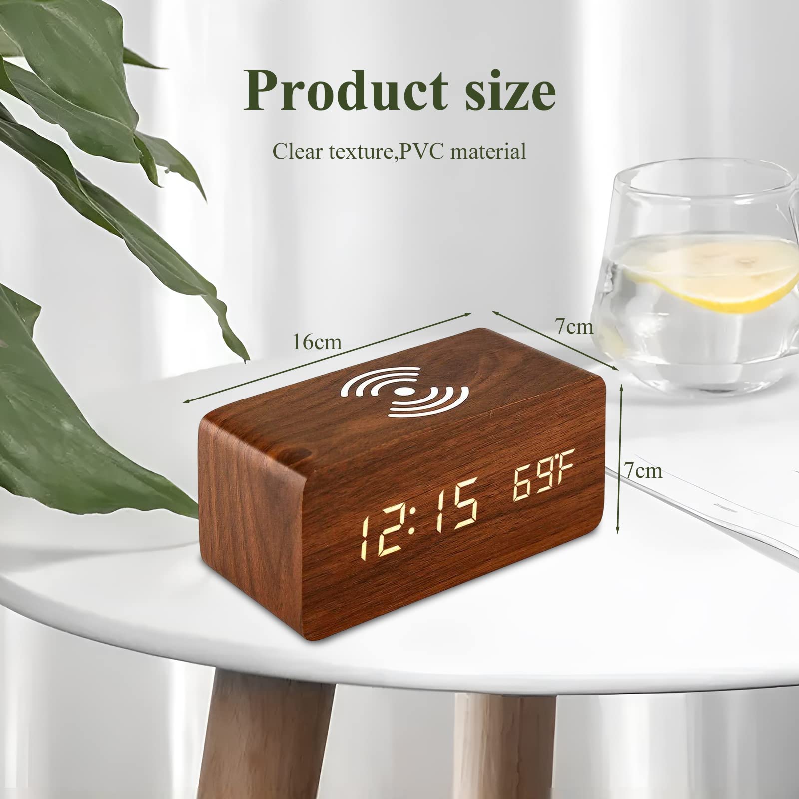 Wooden Digital Alarm Clock with Wireless Charging 3 Alarms Electronic LED Desktop Clock with Temperature Time Display 3 Levels Adjustable Brightness for Bedrooms Living Room Bedside Office brown wood - Image 2