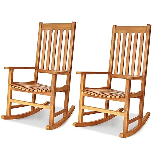 Tangkula Acacia Wood Porch Rocking Chair Set, Wooden Rocking Chair