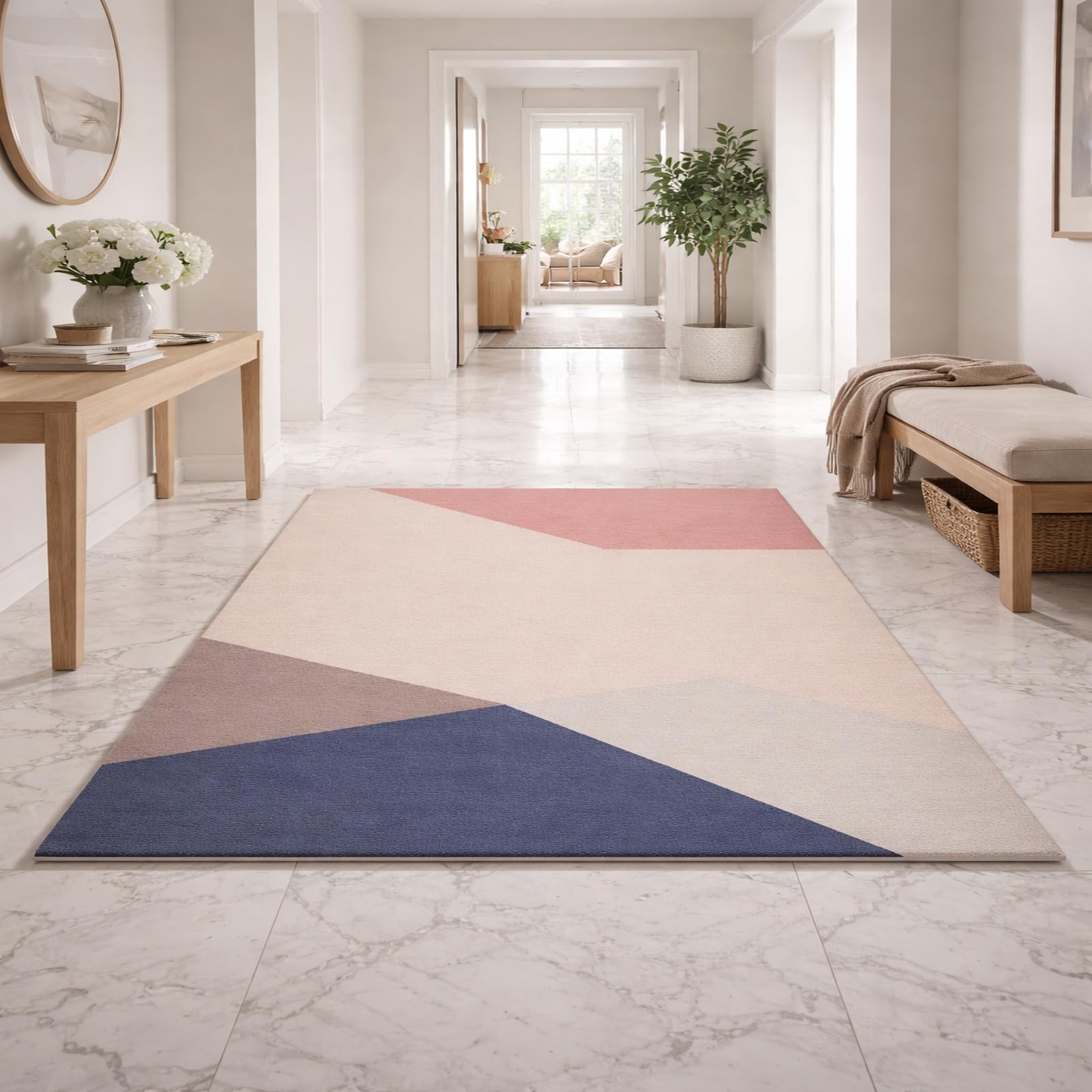 Tapis carré 150x150 cm moderne géométrique rouge clair beige pour salon