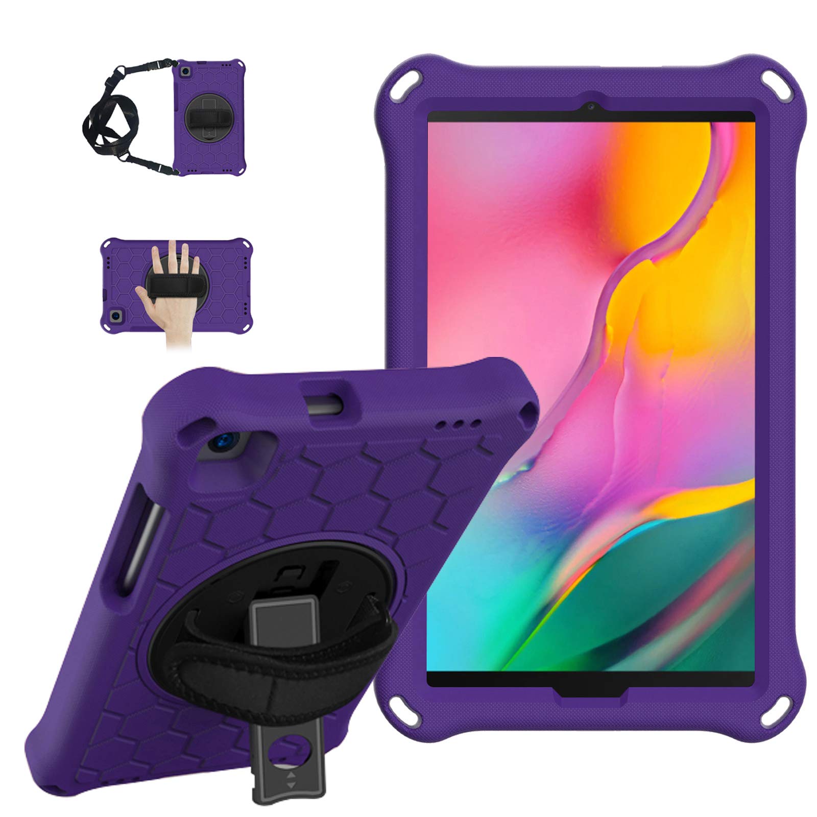 CASEHAVEN for Samsung Galaxy Tab A 8.0 Case 2019 Release (T290/T295/T297), Heavy Duty Shock Proof EVA Armor Protective Case with 360 Rotating Stand, Hand Grip, Shoulder Strap - Purple