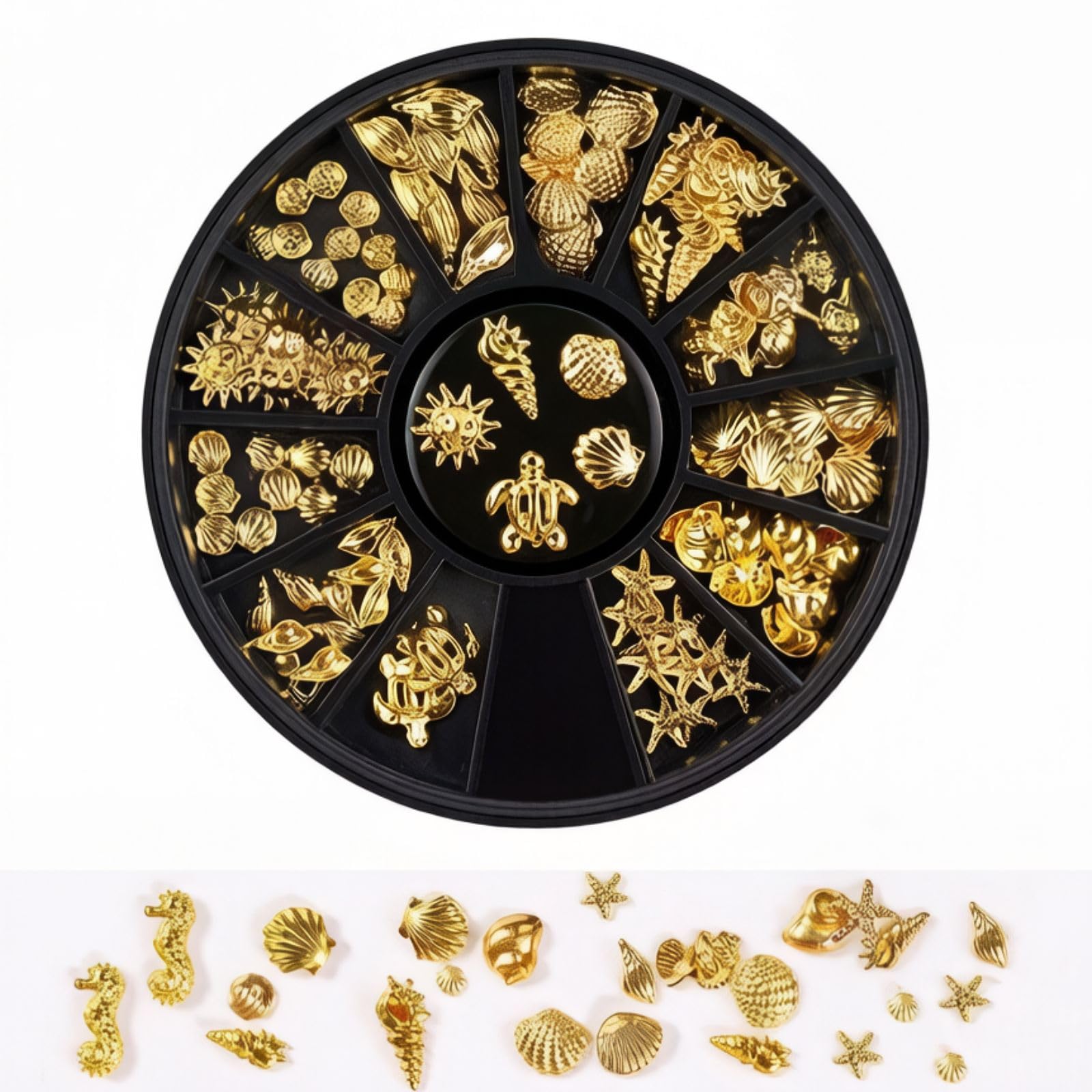 View 1 of 12 Styles Gold Metal Nail Art Studs, 3D Ocean Theme Decorative Pieces with Palm Tree, Turtle, Marine Life Charms for Beach Manicure, DIY Acrylic Nails Design