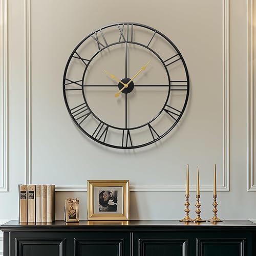 Miniatura 30 de Reloj de pared de 24 pulgadas, relojes de pared grandes para sala de estar, reloj redondo de metal decorativo, funciona con pilas, silencioso, sin