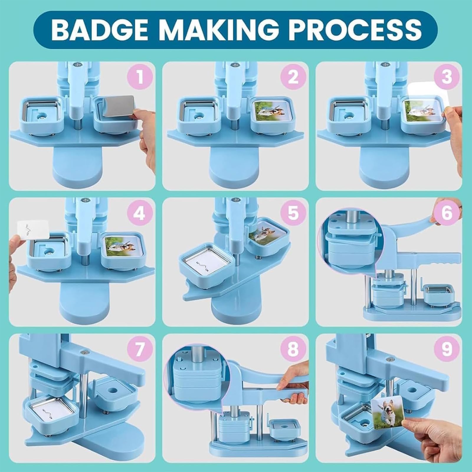 Maquina De Pins, Maquina Chapas Personalizadas Kit, 50x50mm Máquina De Imán Fotográfico, Cuadradas Máquina Para Hacer Imanes De Nevera, 100 Juegos De Suministros, Ideal Para Fiestas, Eventos