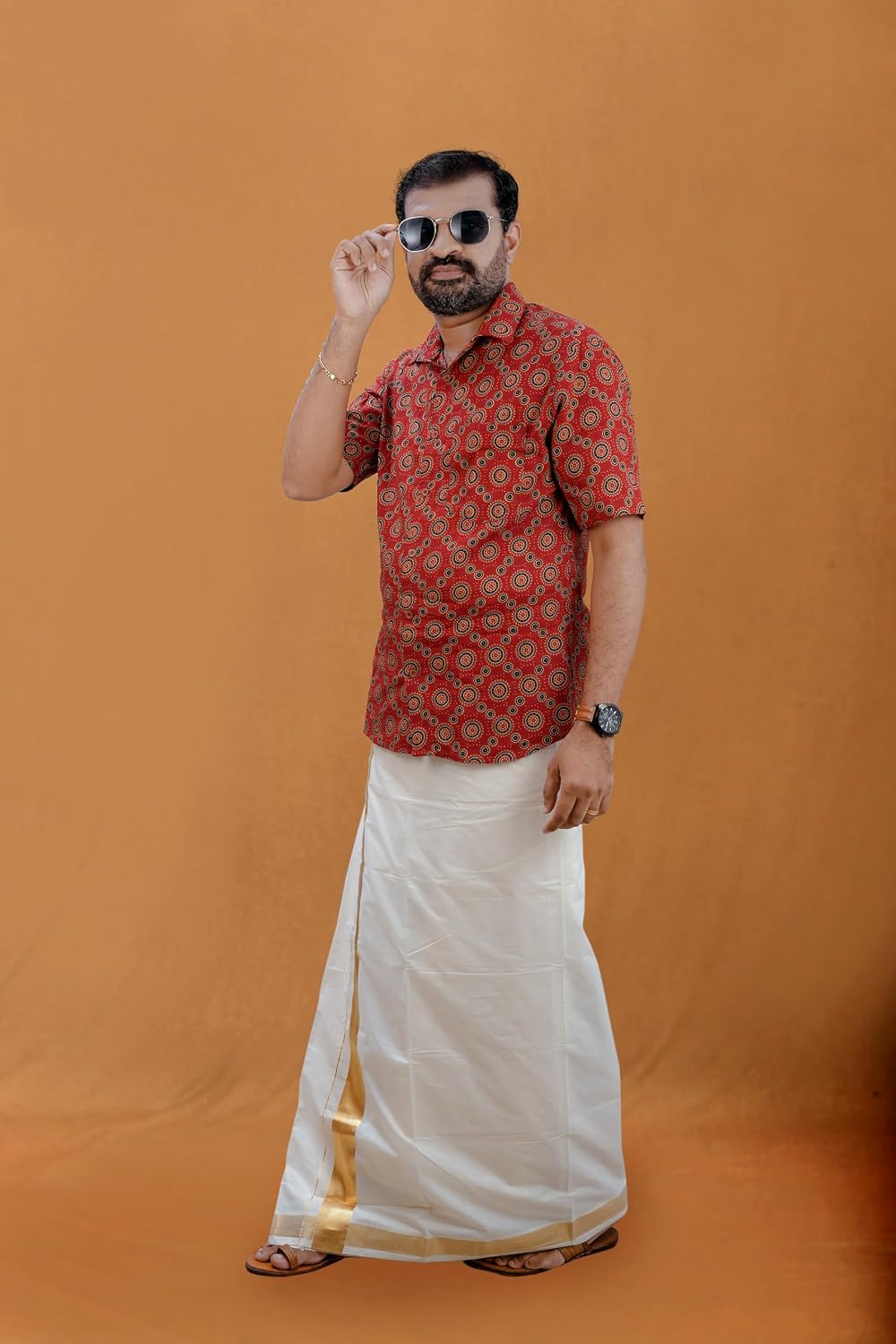 Men’s Double Layer Dhoti (Veshti - Mundu - Lungi) In Pure Cotton With 2" Golden Kasavu Border