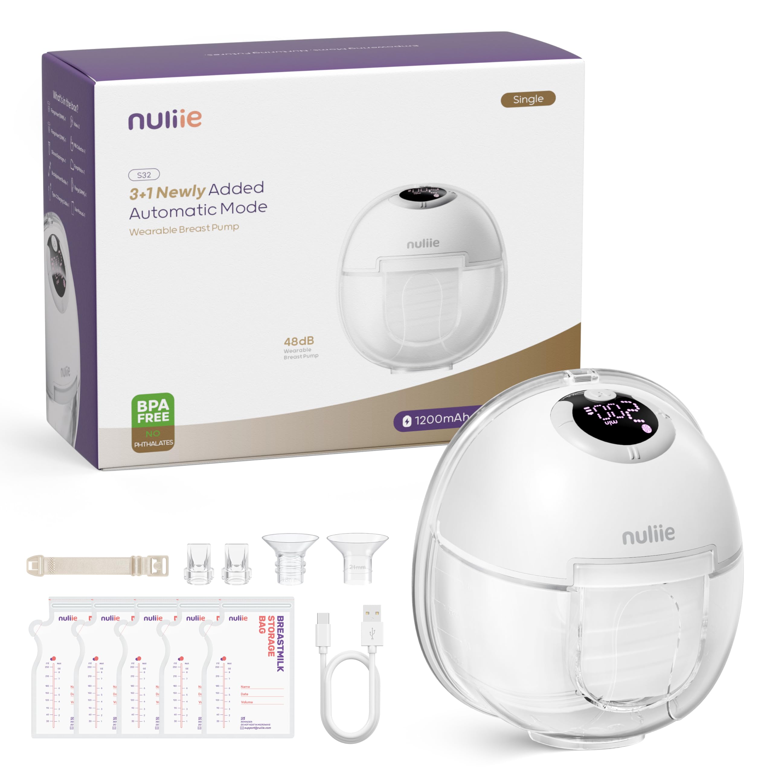 Nuliie Milchpumpe Elektrisch tragbare S32, 4 Modi, 9 Stufen, 24mm Flansch mit LED-Anzeige, Zusätzlich 1 Stück Flansch 18mm&21mm und Austauschbare Entenventile (1 Pack, Weiß)