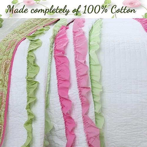 Miniatura 4 de Cozy Line Home Fashions - Juego de ropa de cama reversible de 100 % algodón con volantes, color verde rosa, colcha (individual - 2 piezas 1 edredón