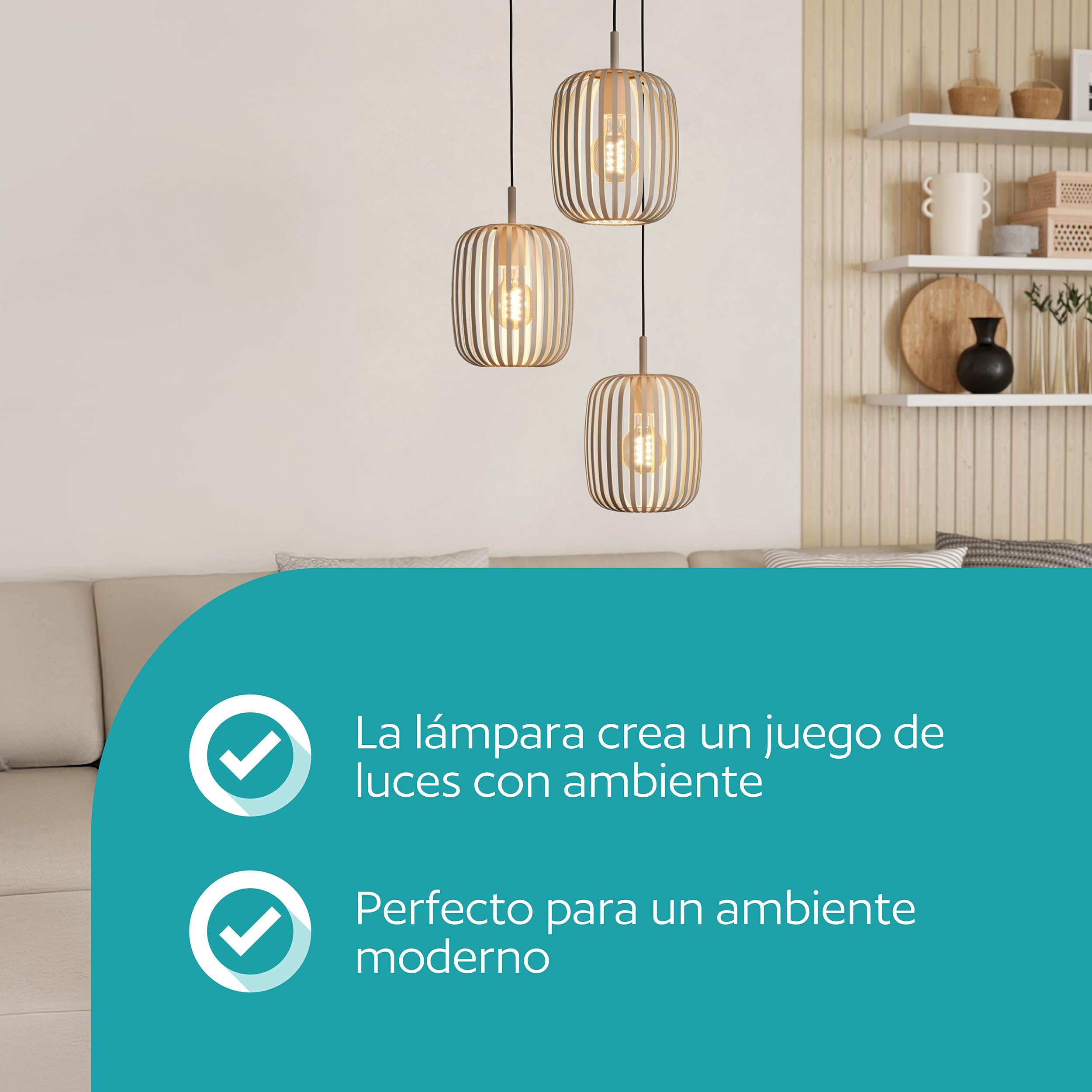 Eglo Romazzina Lámpara colgante de 3 luces para mesa de comedor | lámpara redonda colgante de metal color arena, lámpara colgante de madera con casquillo E27, diámetro 46 cm