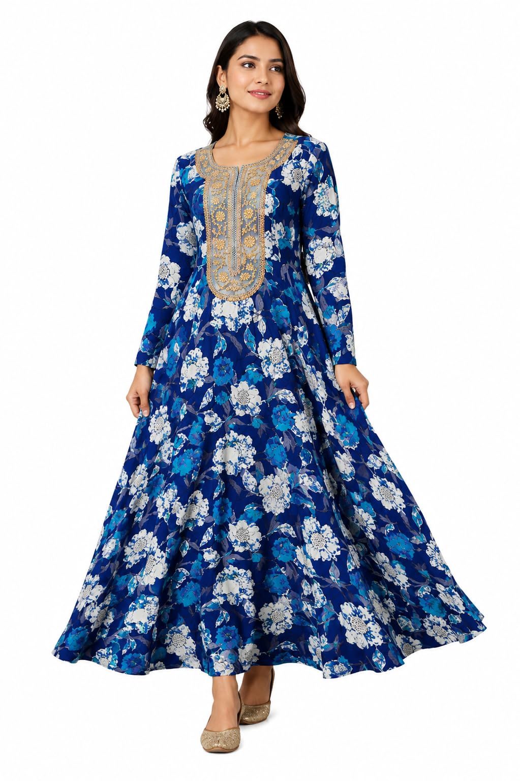 Women’s Blue Floral Anarkali Kurta Gown with Golden Embroidery | Long Flared Ethnic Dress for Party, Festive-image-16